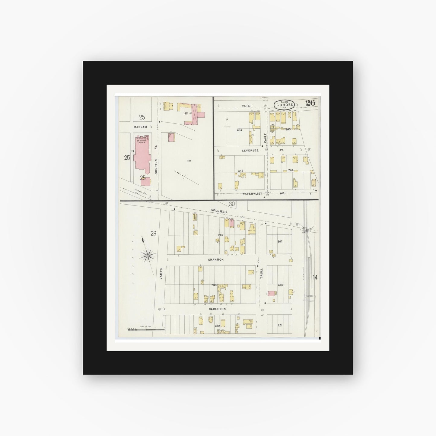 Old map wall art mockup — black gallery frame with white mat — Sanborn Fire Insurance Map from Cohoes, Albany County, New York (1896), Sheet #0026