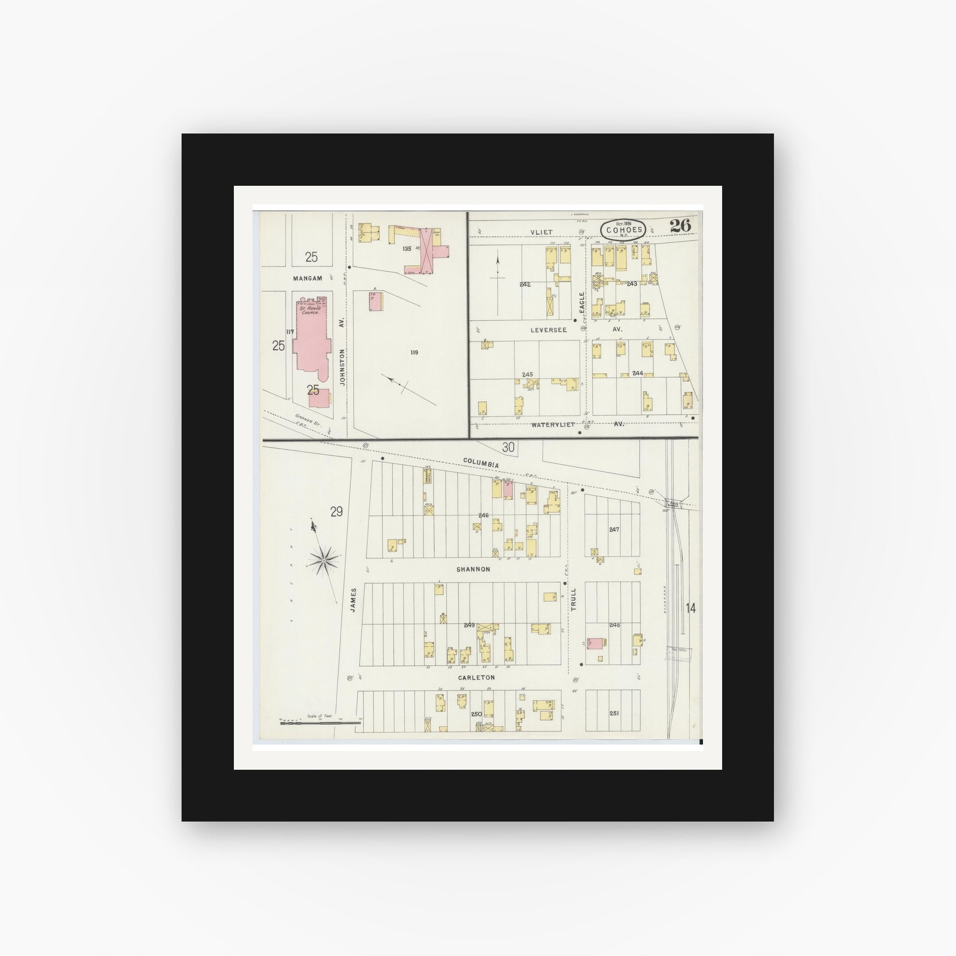 Old map wall art mockup — black gallery frame with white mat — Sanborn Fire Insurance Map from Cohoes, Albany County, New York (1896), Sheet #0026