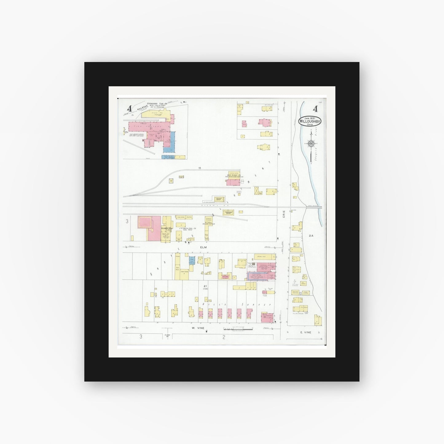 Old map wall art mockup — black gallery frame with white mat — Sanborn Fire Insurance Map from Willoughby, Lake County, Ohio (1931), Sheet #0004
