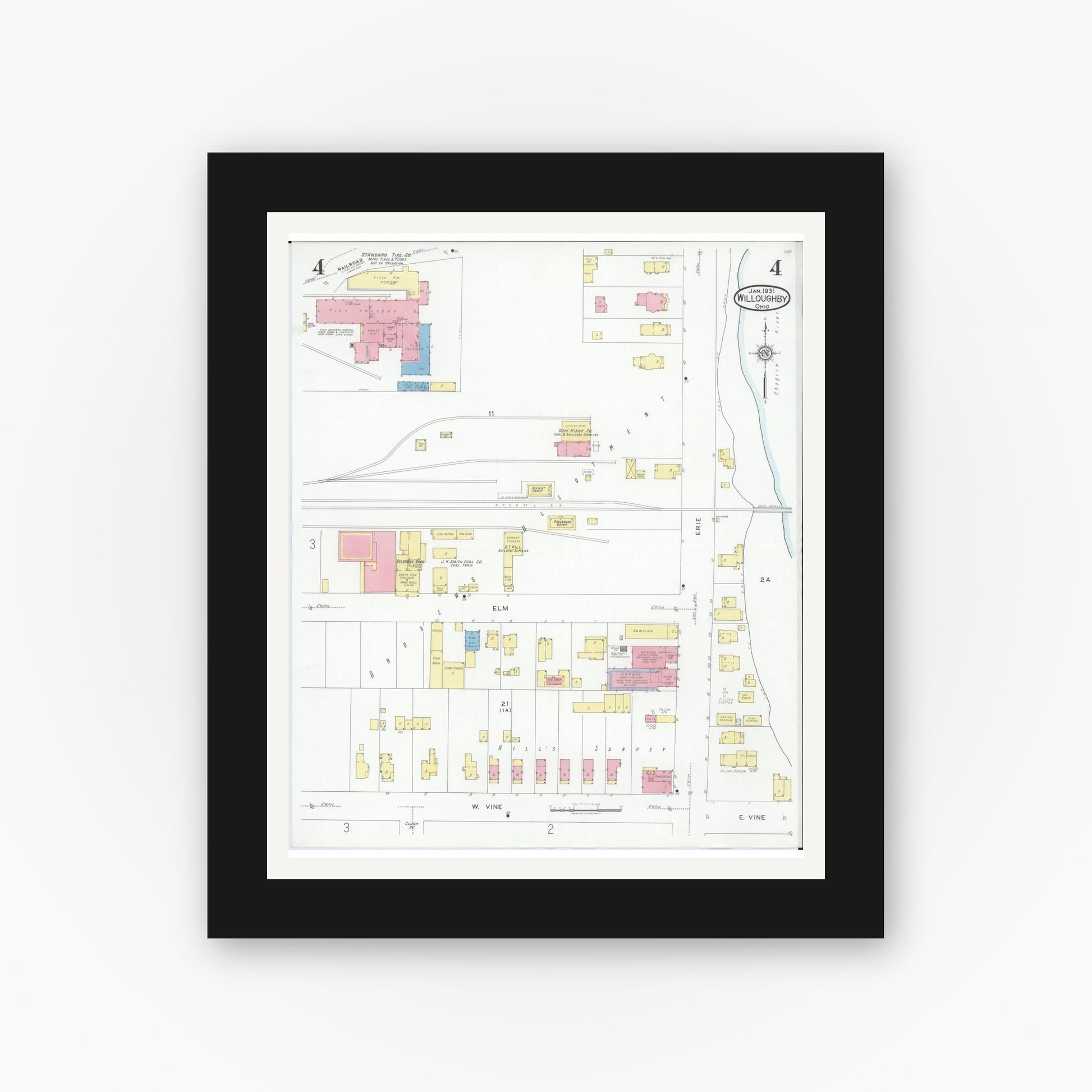 Old map wall art mockup — black gallery frame with white mat — Sanborn Fire Insurance Map from Willoughby, Lake County, Ohio (1931), Sheet #0004