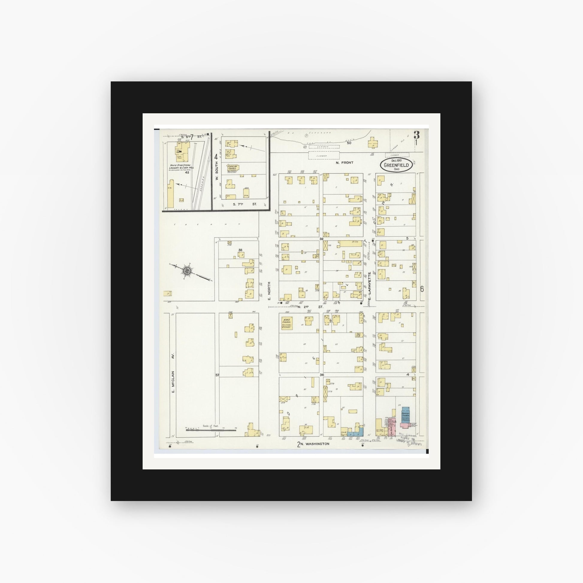 Old map wall art mockup — black gallery frame with white mat — Sanborn Fire Insurance Map from Greenfield, Highland County, Ohio (1910), Sheet #0003