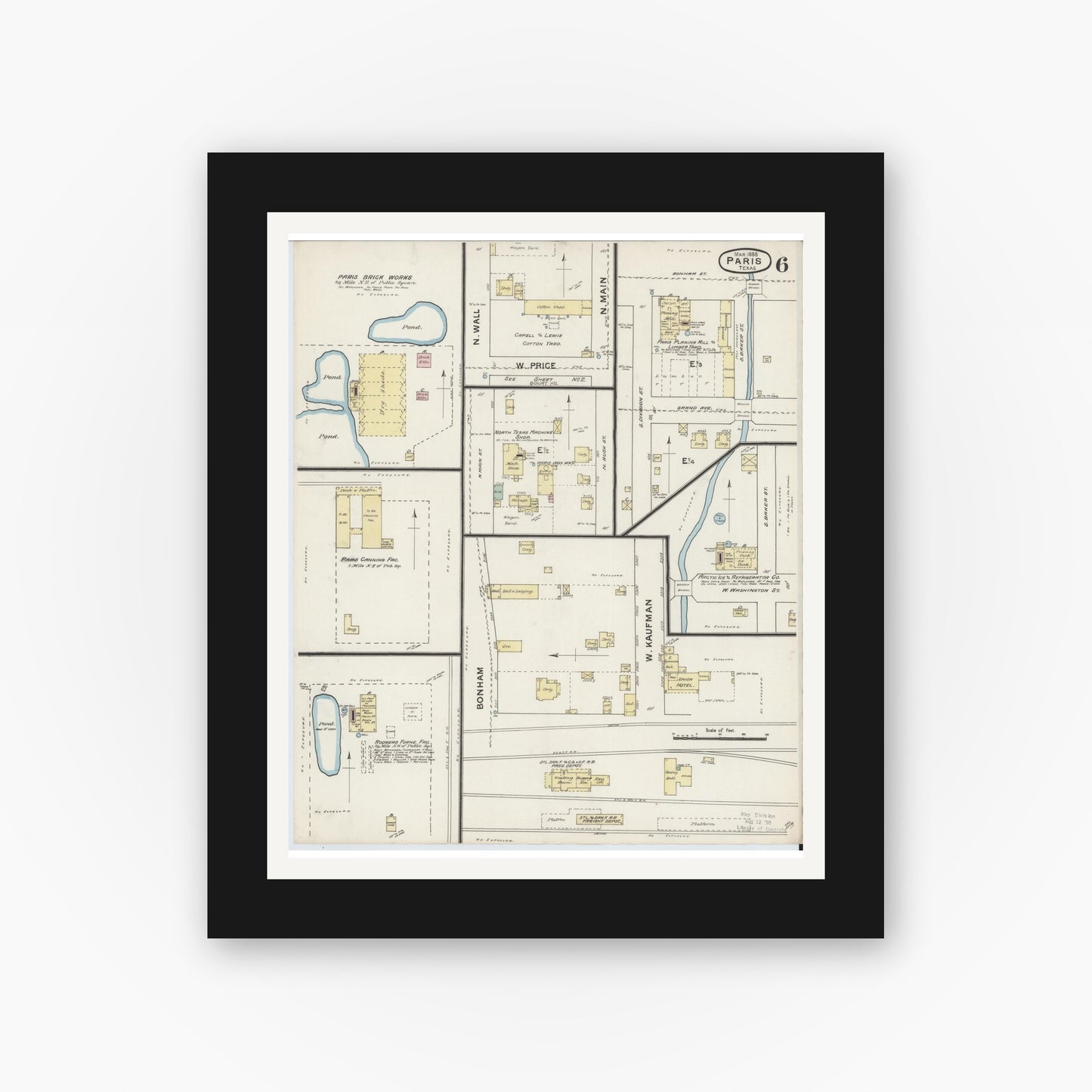 Old map wall art mockup — black gallery frame with white mat — Sanborn Fire Insurance Map from Paris, Lamar County, Texas (1888), Sheet #0006