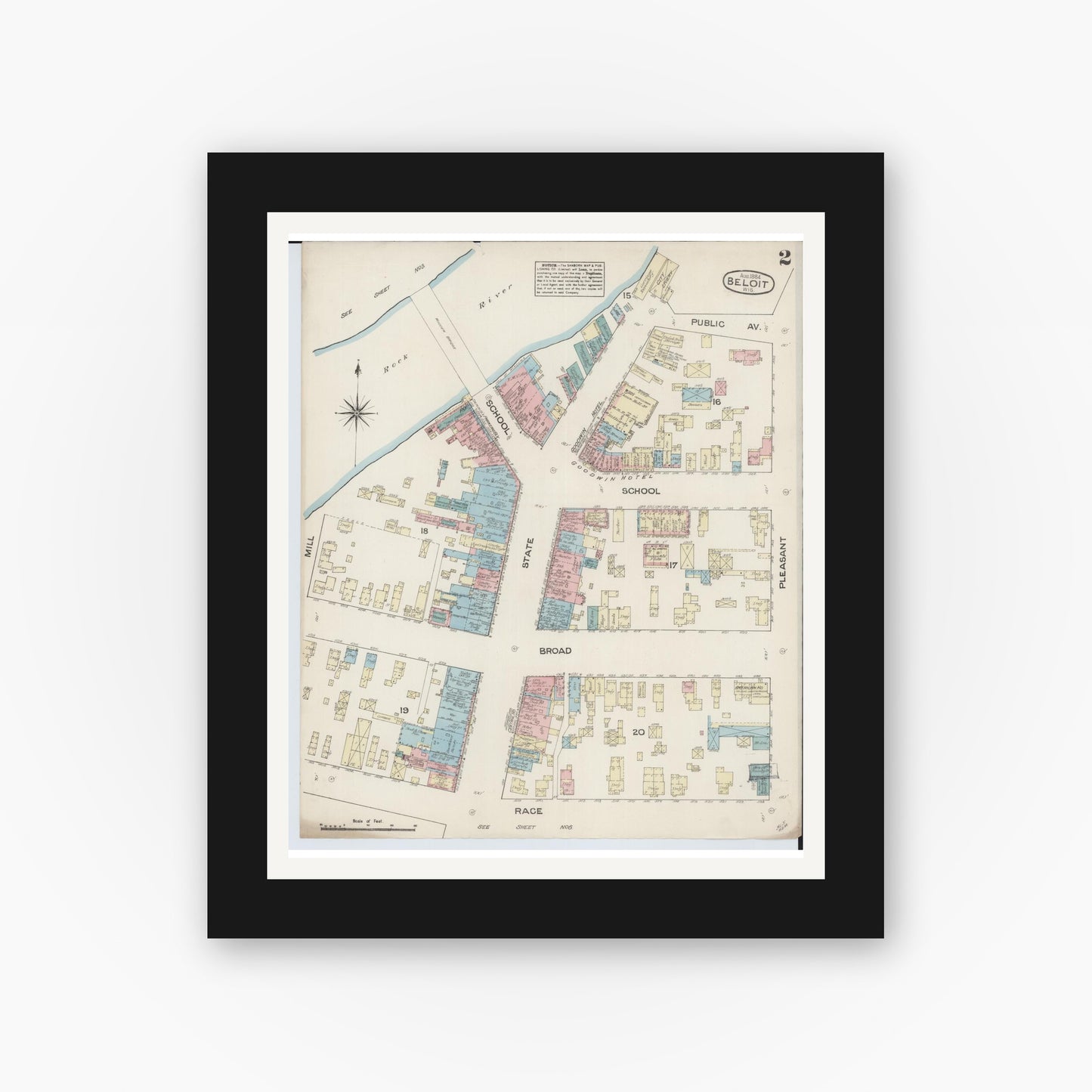 Old map wall art mockup — black gallery frame with white mat — Sanborn Fire Insurance Map from Beloit, Rock County, Wisconsin (1884) - Complete Map Set