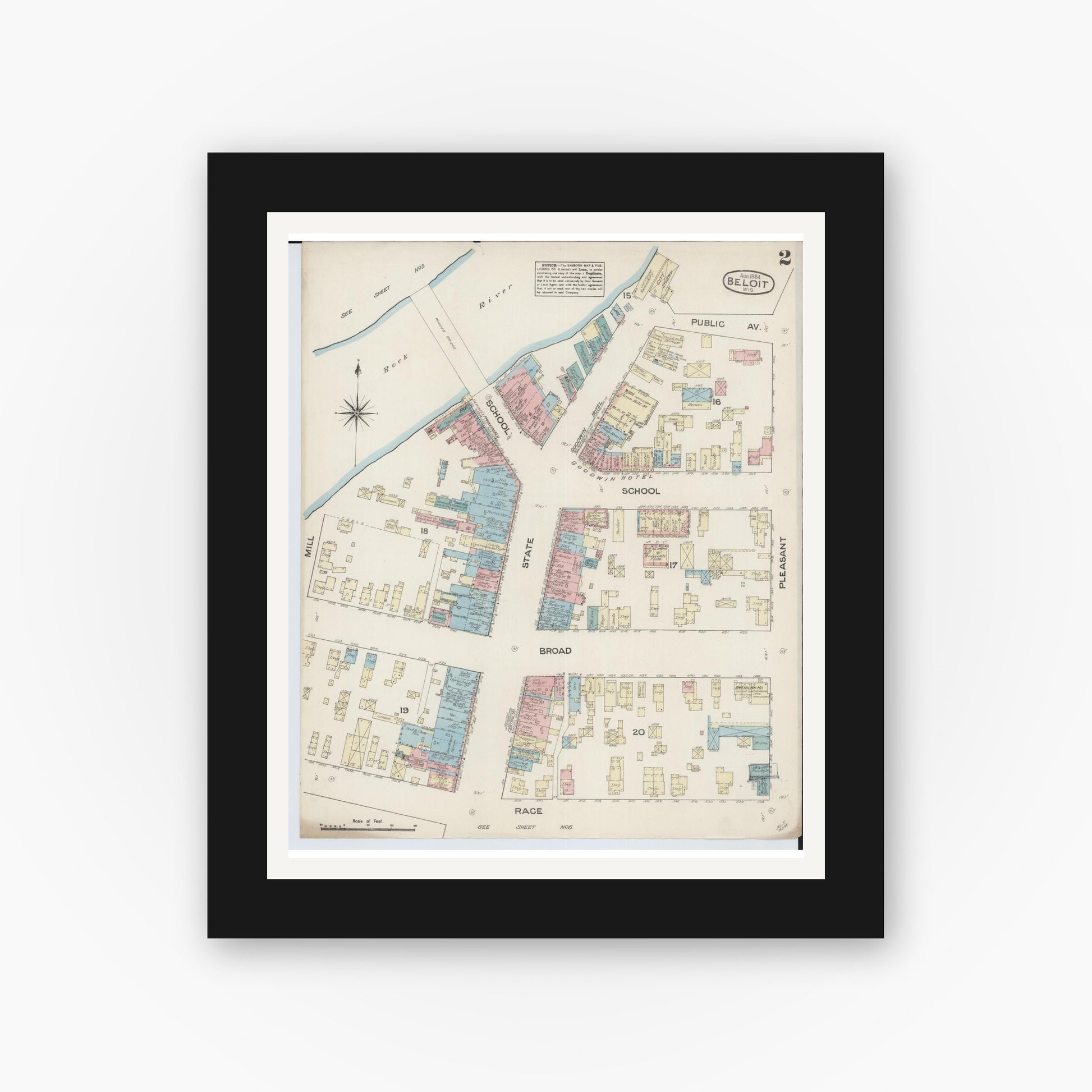 Old map wall art mockup — black gallery frame with white mat — Sanborn Fire Insurance Map from Beloit, Rock County, Wisconsin (1884) - Complete Map Set