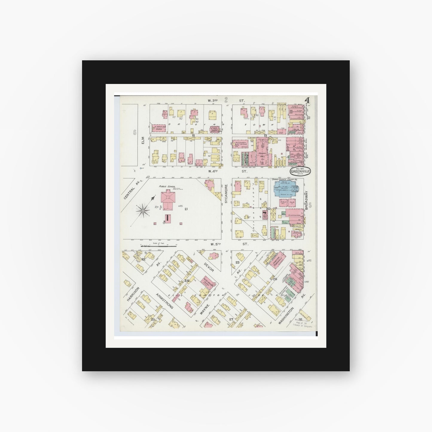 Old map wall art mockup — black gallery frame with white mat — Sanborn Fire Insurance Map from Greenville, Darke County, Ohio (1892), Sheet #0004