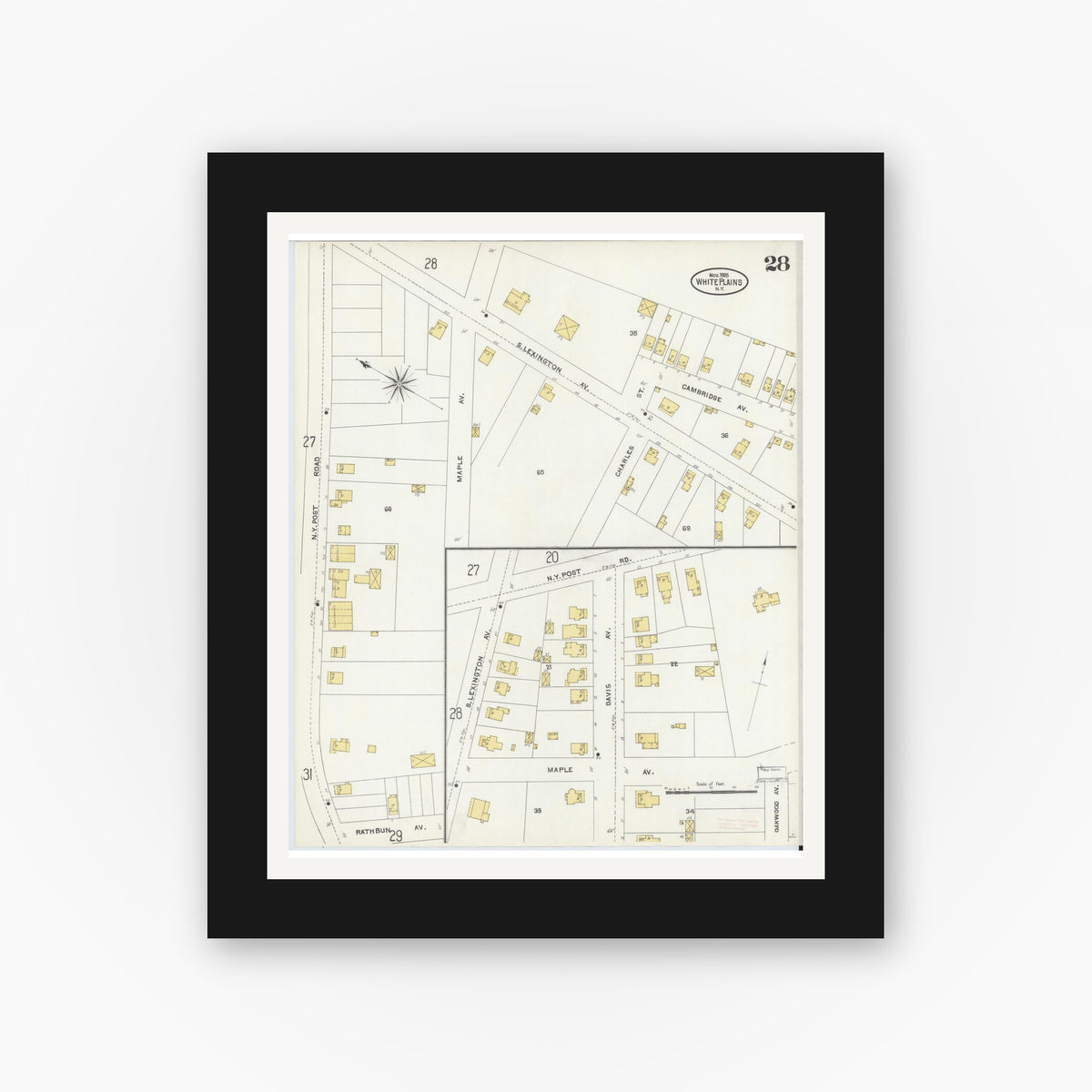 Old map wall art mockup — black gallery frame with white mat — Sanborn Fire Insurance Map from White Plains, Westchester County, New York (1905), Sheet #0028