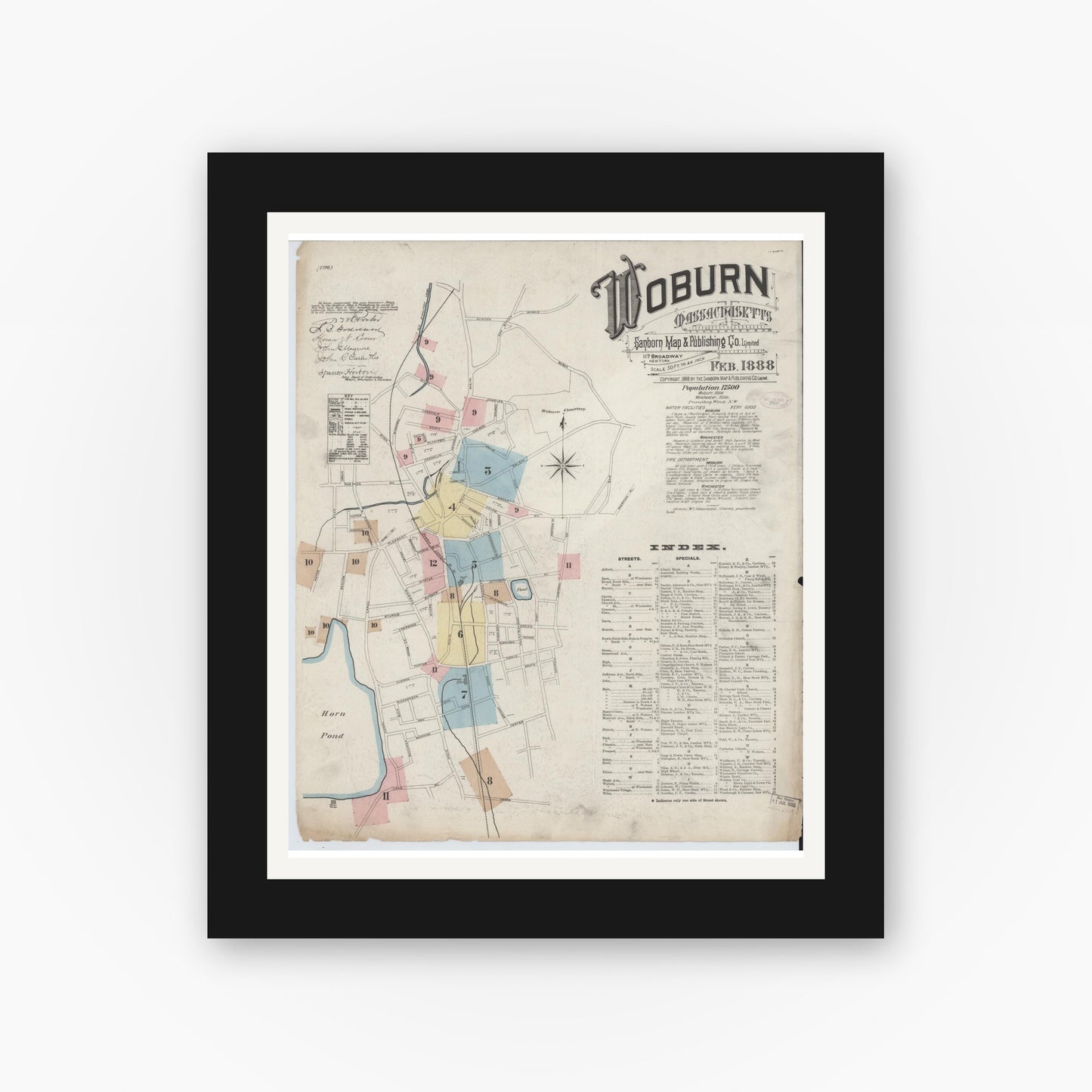 Old map wall art mockup — black gallery frame with white mat — Sanborn Fire Insurance Map from Woburn, Middlesex County, Massachusetts (1888) - Complete Map Set