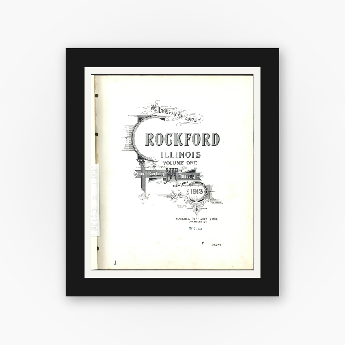 Old map wall art mockup — black gallery frame with white mat — Sanborn Fire Insurance Map from Rockford, Winnebago County, Illinois (1951), Sheet #0001