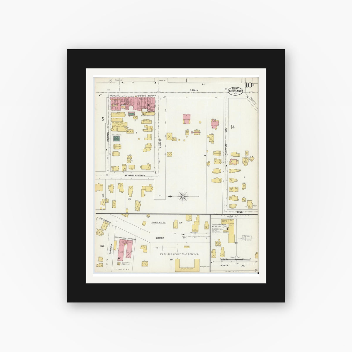 Old map wall art mockup — black gallery frame with white mat — Sanborn Fire Insurance Map from Cortland, Cortland County, New York (1902), Sheet #0010