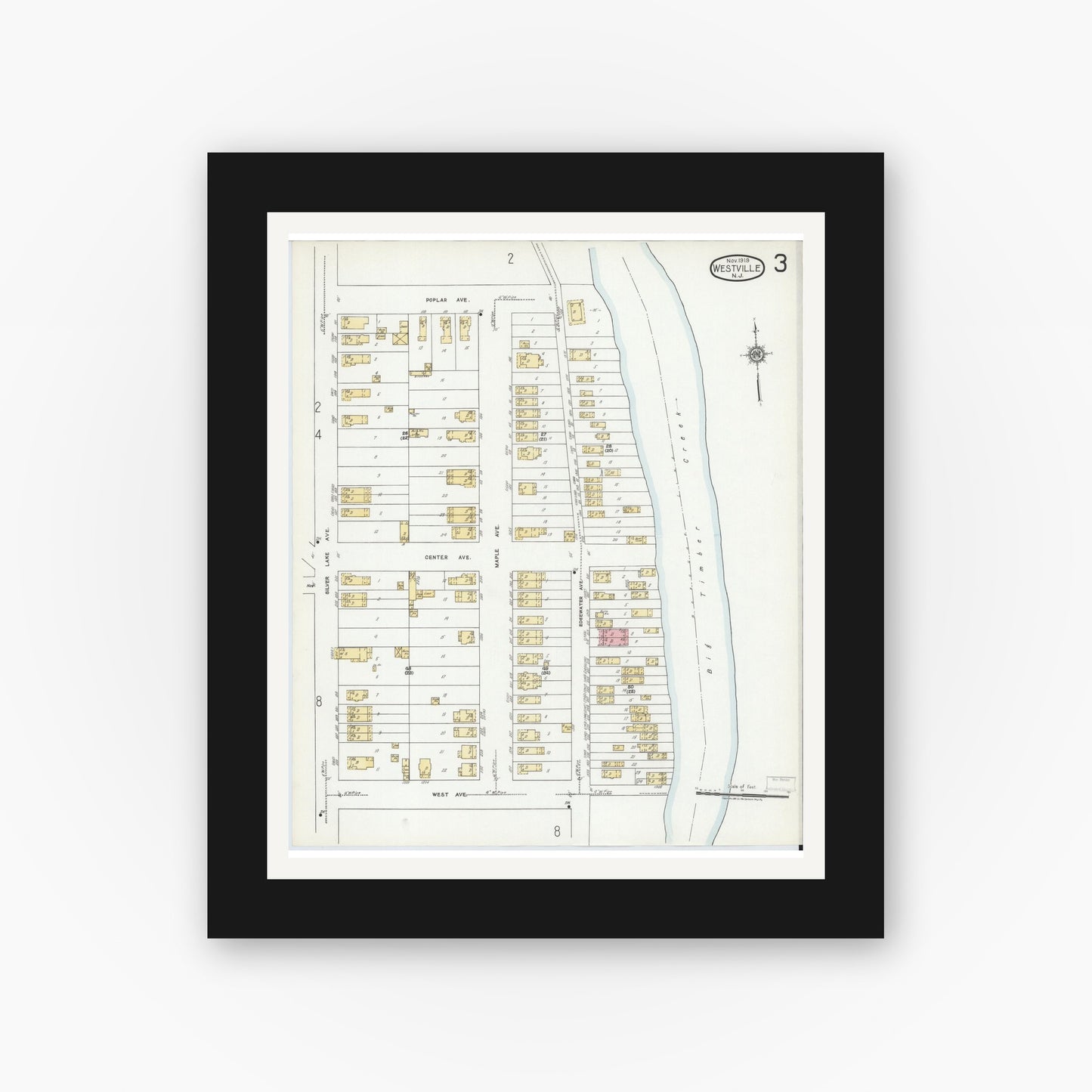 Old map wall art mockup — black gallery frame with white mat — Sanborn Fire Insurance Map from Westville, Gloucester County, New Jersey (1919), Sheet #0003