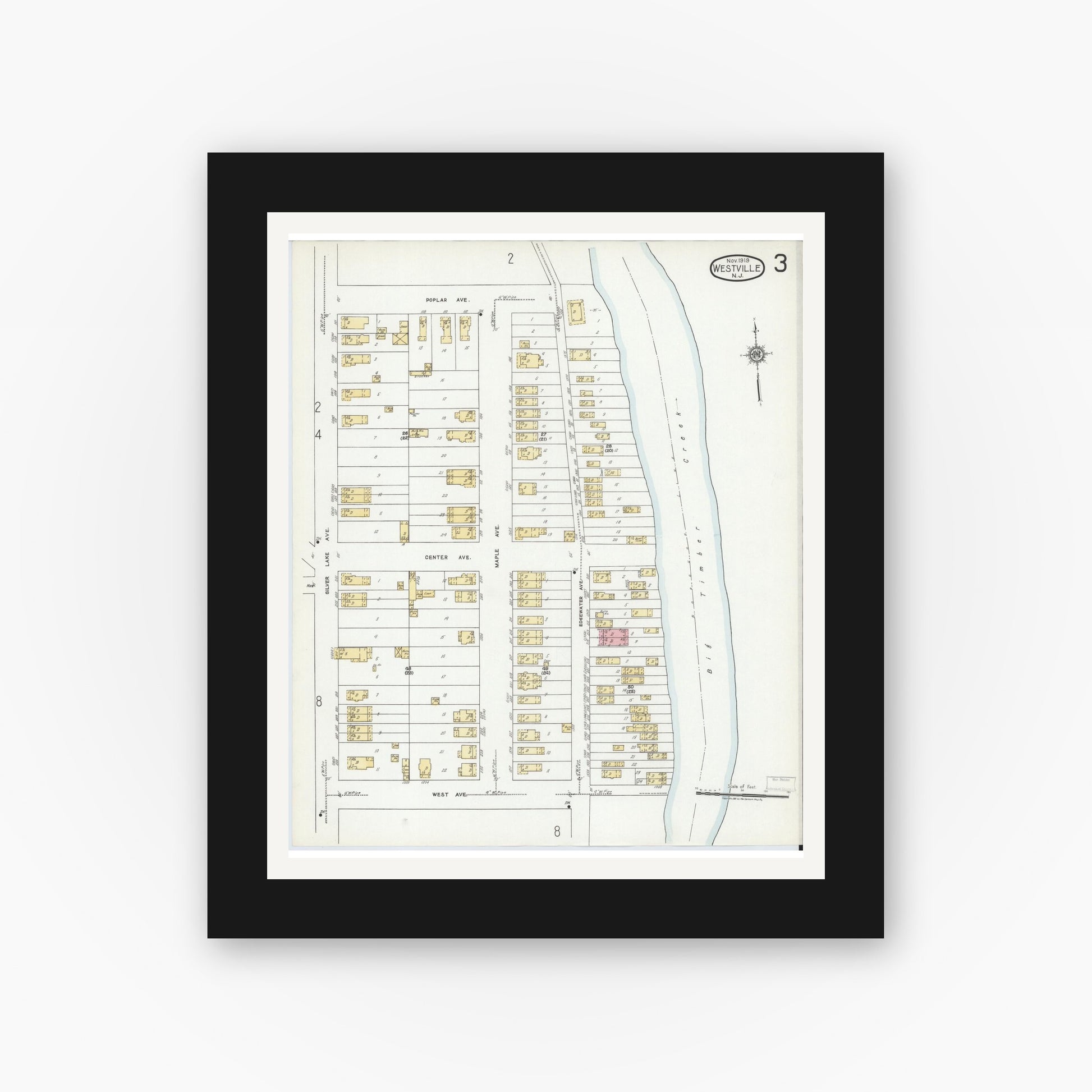 Old map wall art mockup — black gallery frame with white mat — Sanborn Fire Insurance Map from Westville, Gloucester County, New Jersey (1919), Sheet #0003