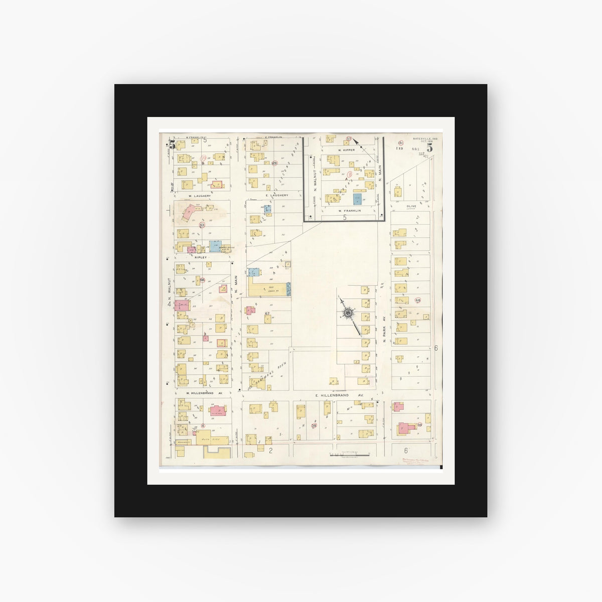 Old map wall art mockup — black gallery frame with white mat — Sanborn Fire Insurance Map from Batesville, Ripley County, Indiana (1948), Sheet #0005