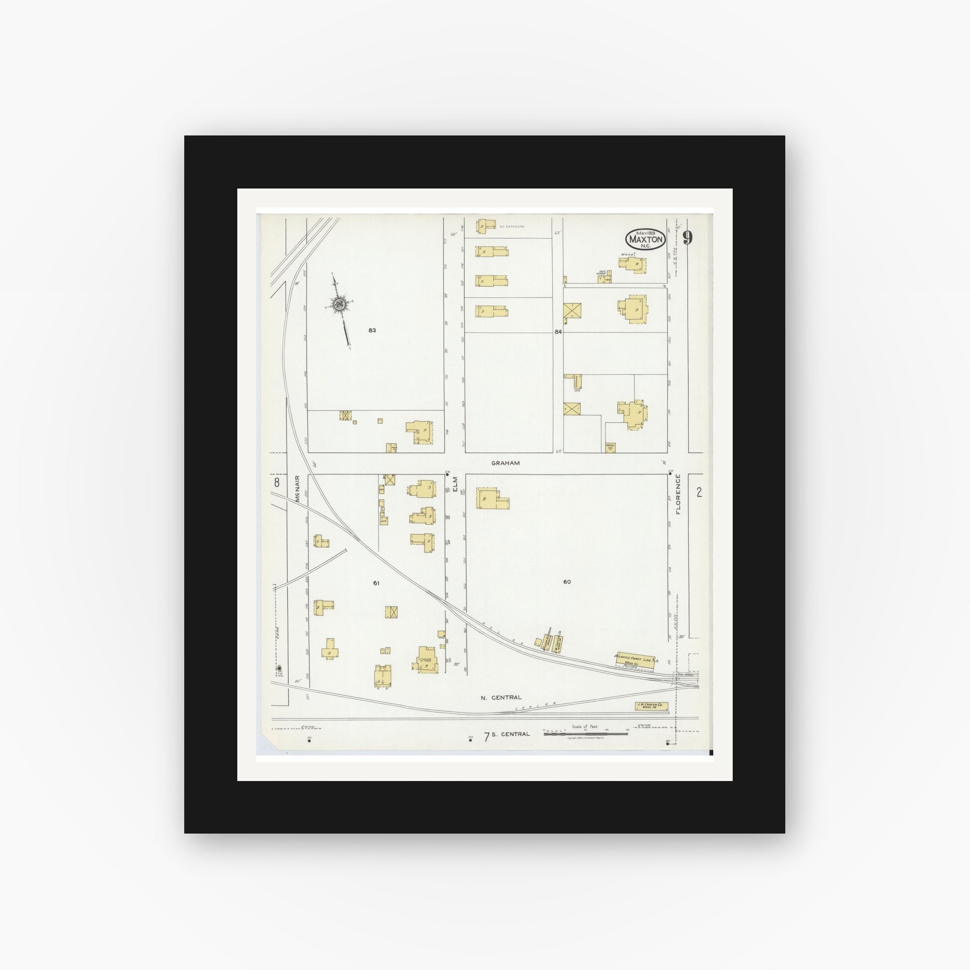 Old map wall art mockup — black gallery frame with white mat — Sanborn Fire Insurance Map from Maxton, Robeson County, North Carolina (1919), Sheet #0009