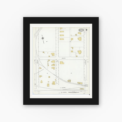 Old map wall art mockup — black gallery frame with white mat — Sanborn Fire Insurance Map from Maxton, Robeson County, North Carolina (1919), Sheet #0009