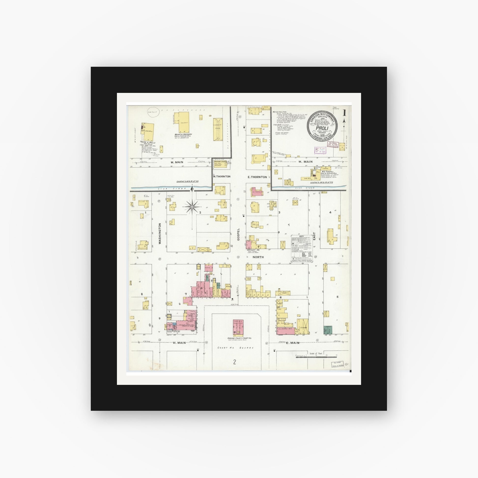 Old map wall art mockup — black gallery frame with white mat — Sanborn Fire Insurance Map from Paoli, Orange County, Indiana (1909) - Complete Map Set