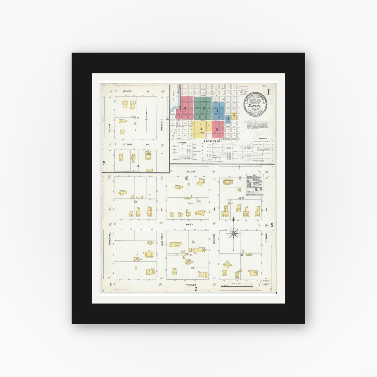 Old map wall art mockup — black gallery frame with white mat — Sanborn Fire Insurance Map from Eustis, Lake County, Florida (1906), Sheet #0001