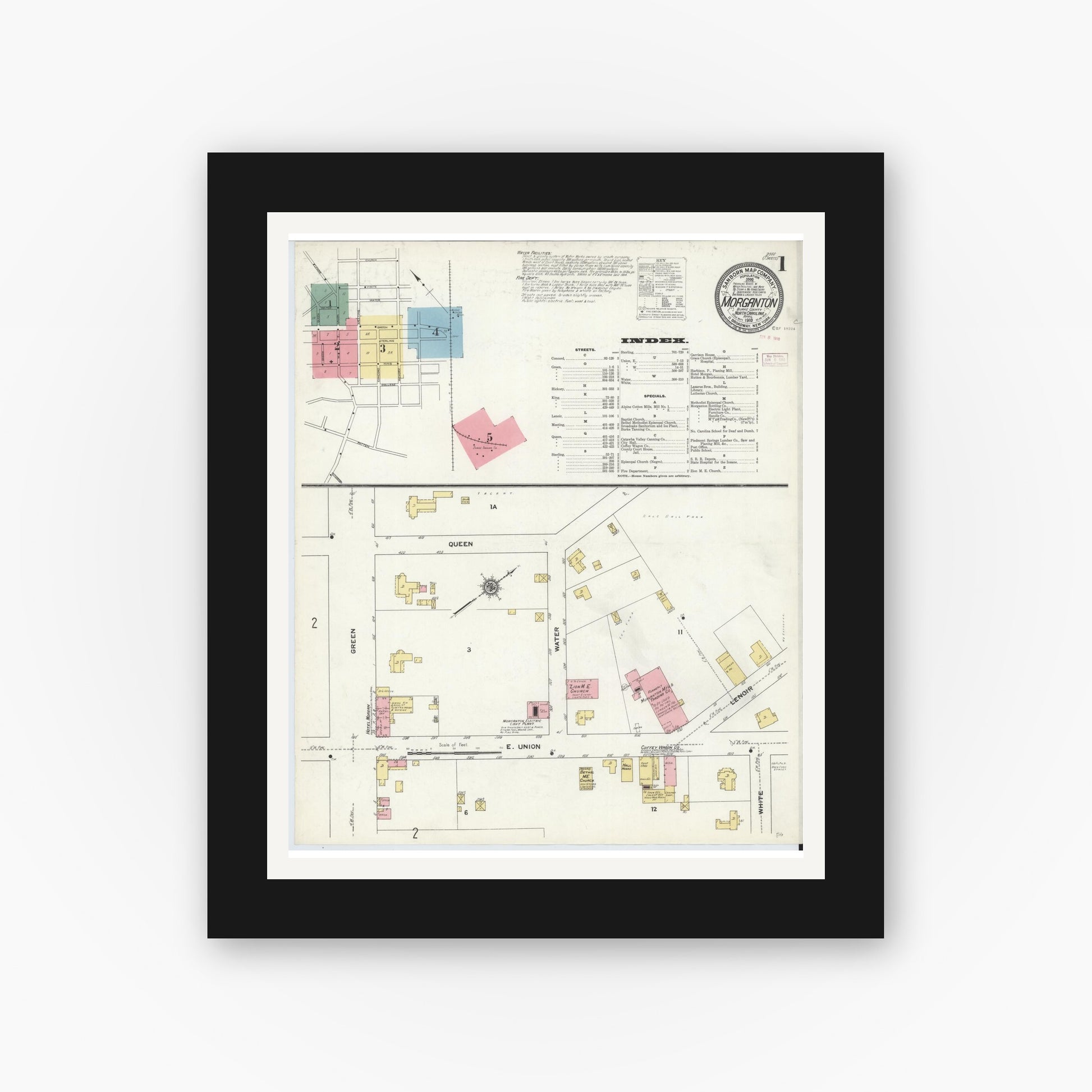 Old map wall art mockup — black gallery frame with white mat — Sanborn Fire Insurance Map from Morganton, Burke County, North Carolina (1910) - Complete Map Set