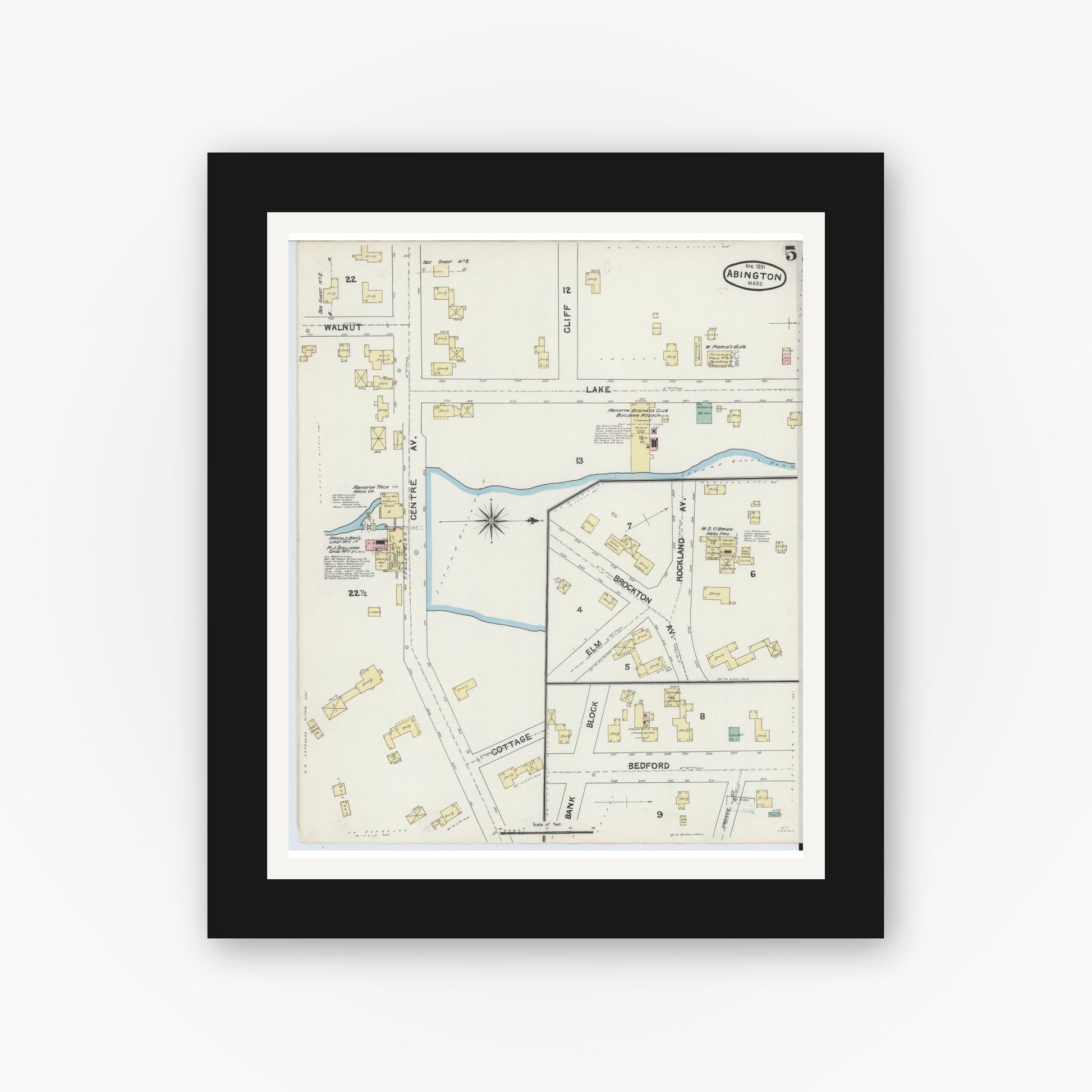 Old map wall art mockup — black gallery frame with white mat — Sanborn Fire Insurance Map from Abington, Plymouth County, Massachusetts (1891), Sheet #0005