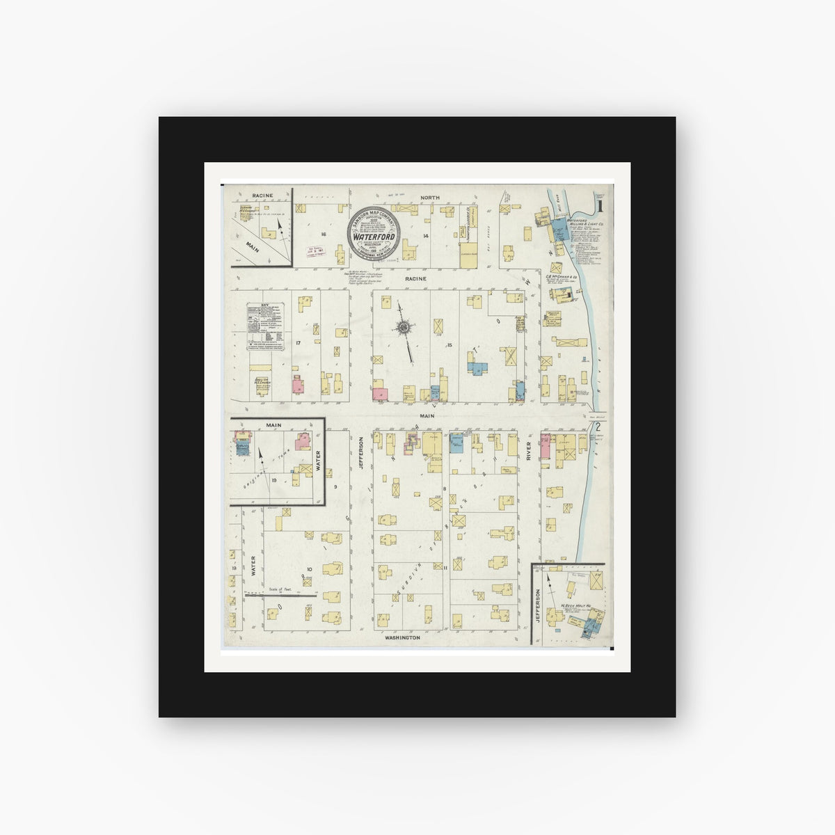 Old map wall art mockup — black gallery frame with white mat — Sanborn Fire Insurance Map from Waterford, Racine County, Wisconsin (1911) - Complete Map Set