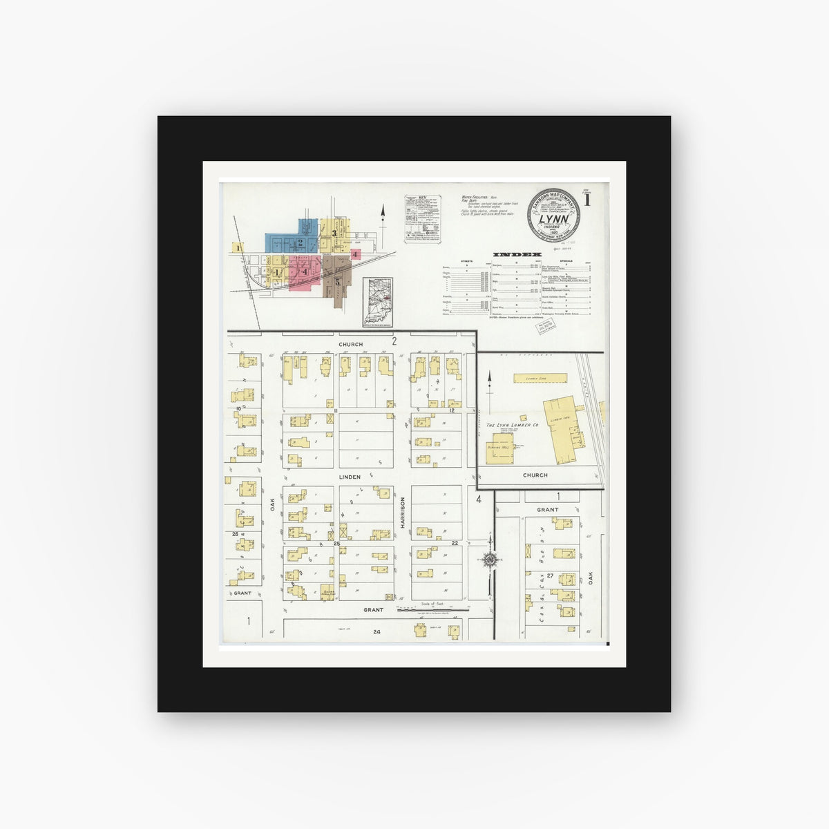 Old map wall art mockup — black gallery frame with white mat — Sanborn Fire Insurance Map from Lynn, Randolph County, Indiana (1920) - Complete Map Set