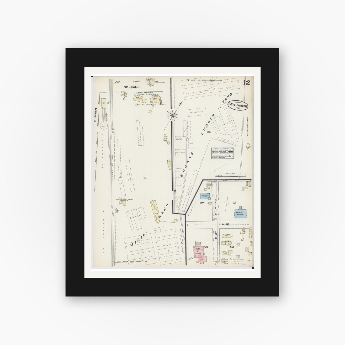Old map wall art mockup — black gallery frame with white mat — Sanborn Fire Insurance Map from Stillwater, Washington County, Minnesota (1884), Sheet #0012