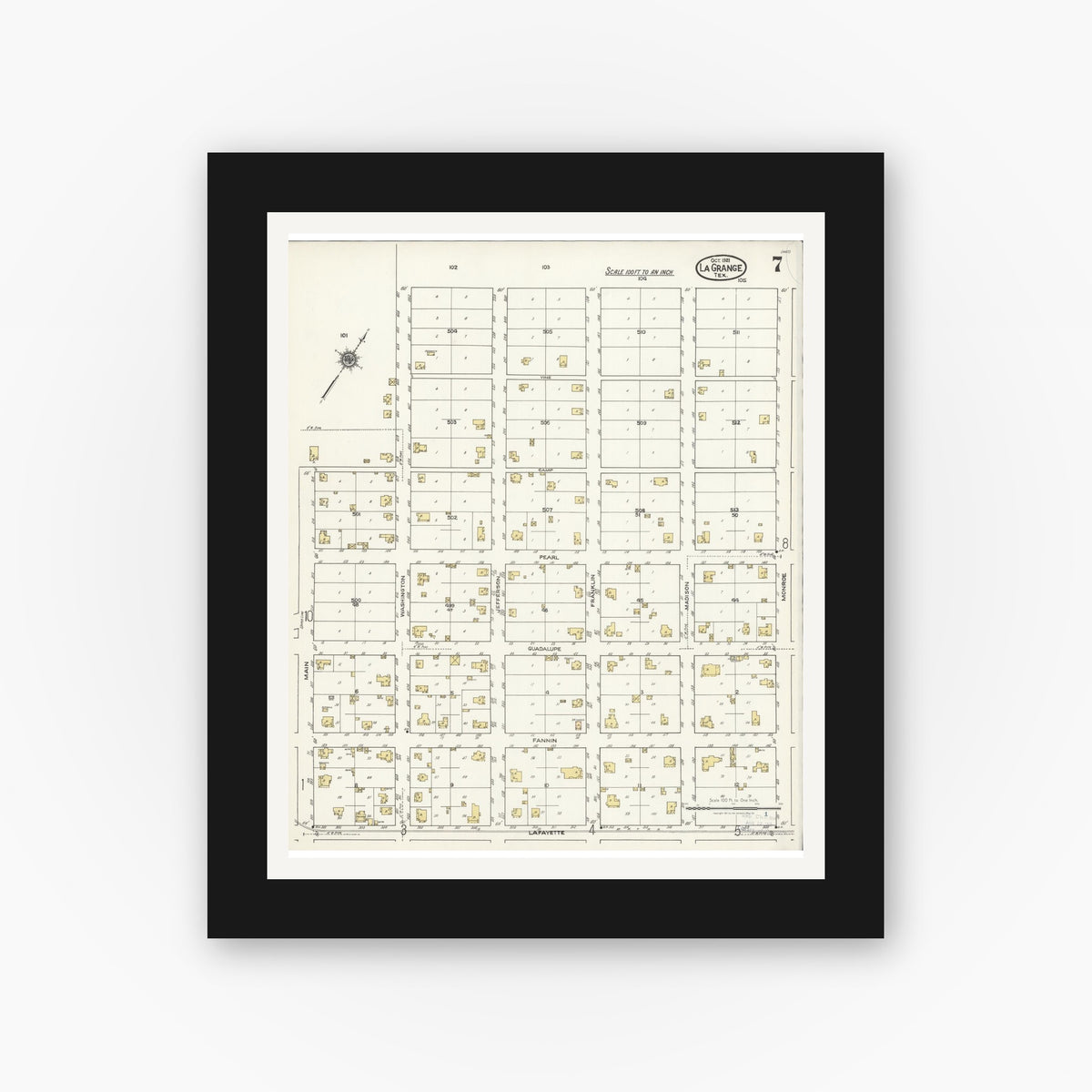 Old map wall art mockup — black gallery frame with white mat — Sanborn Fire Insurance Map from La Grange, Fayette County, Texas (1921), Sheet #0007