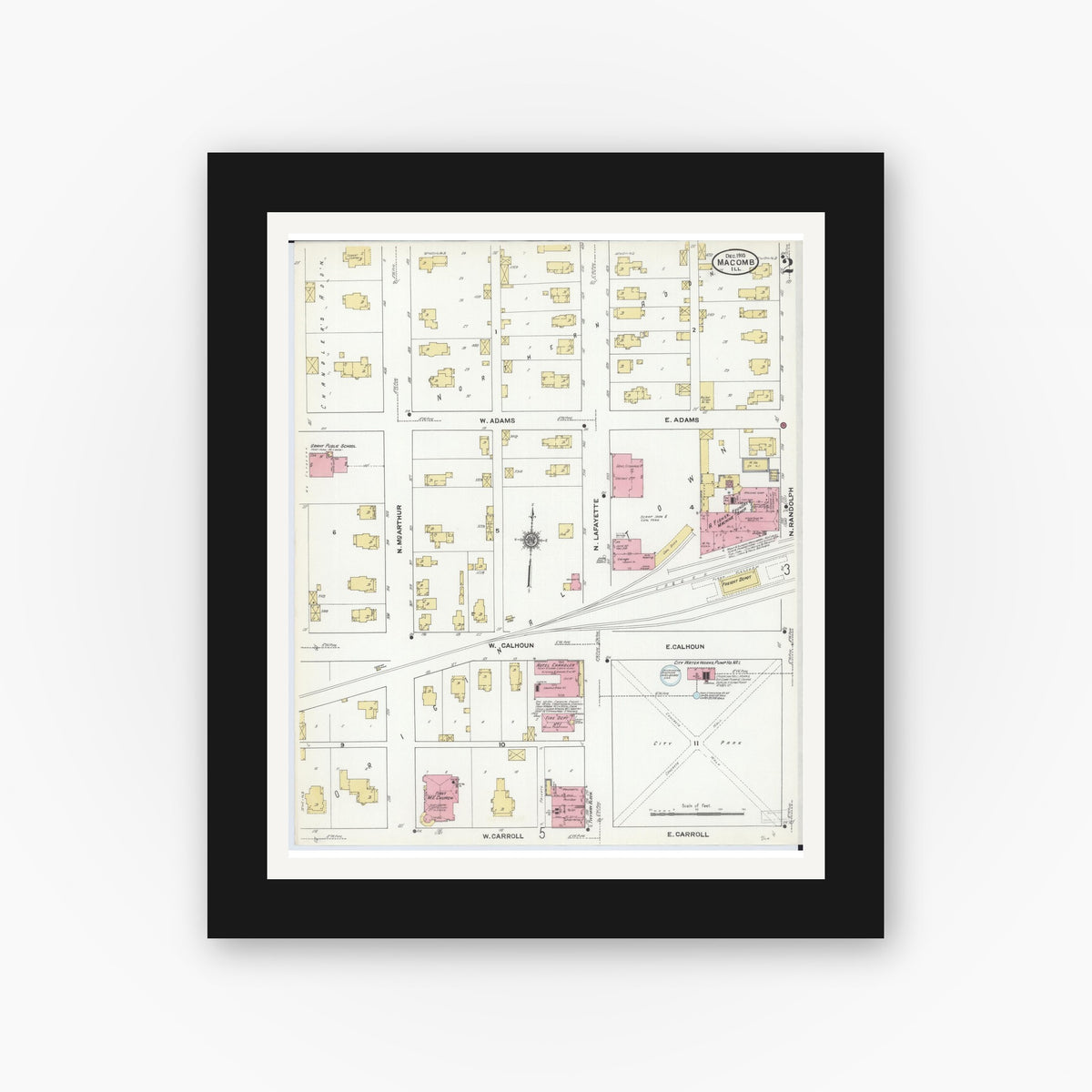 Old map wall art mockup — black gallery frame with white mat — Sanborn Fire Insurance Map from Macomb, Mcdonough County, Illinois (1910), Sheet #0002