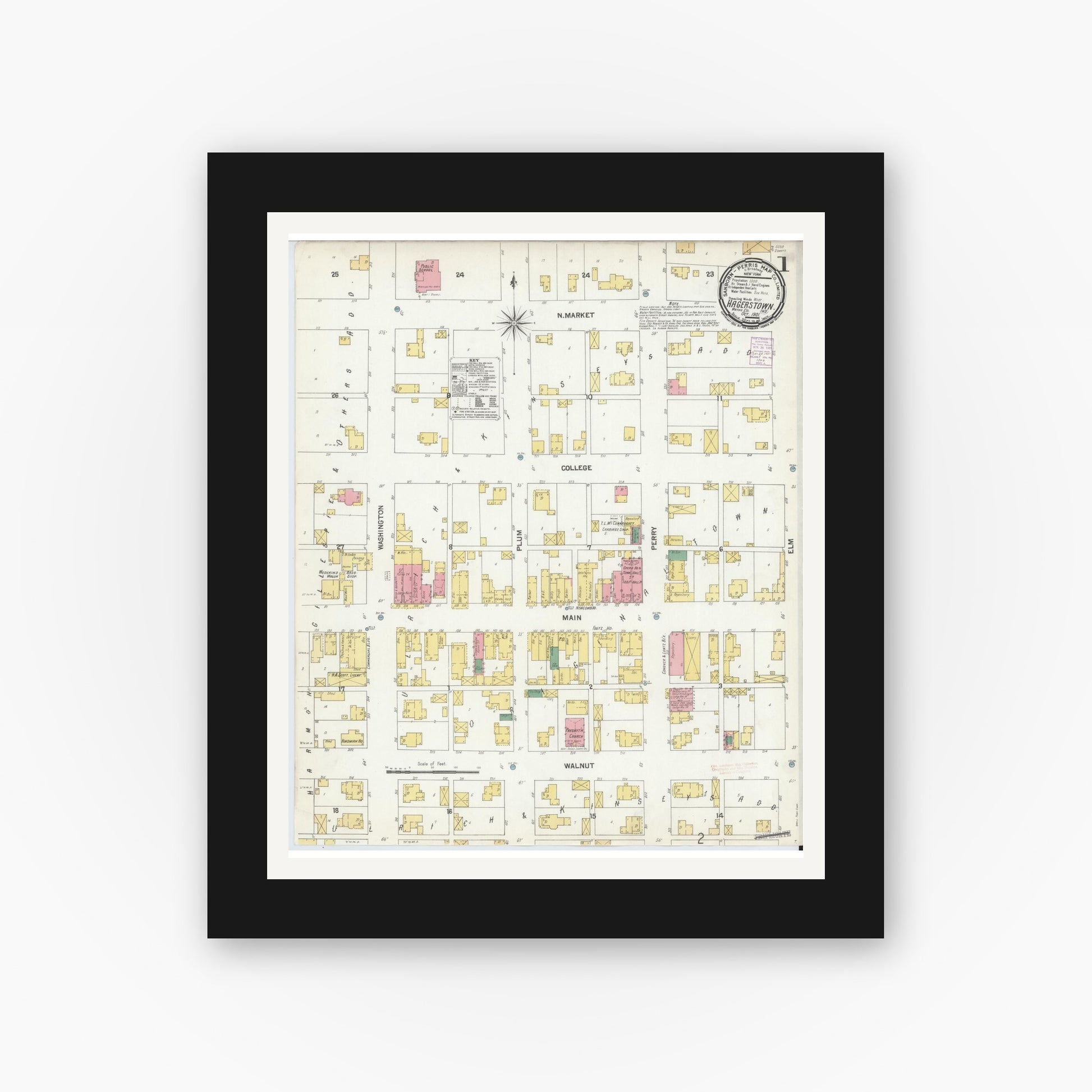 Old map wall art mockup — black gallery frame with white mat — Sanborn Fire Insurance Map from Hagerstown, Wayne County, Indiana (1901) - Complete Map Set