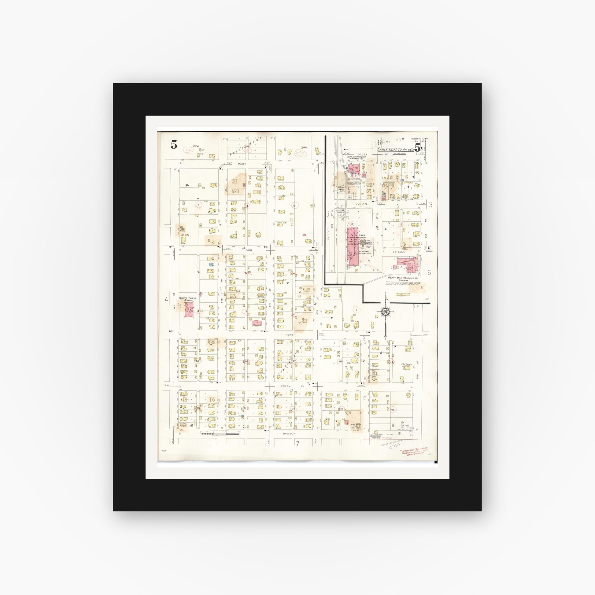 Old map wall art mockup — black gallery frame with white mat — Sanborn Fire Insurance Map from Perry, Dallas County, Iowa (1947), Sheet #0005