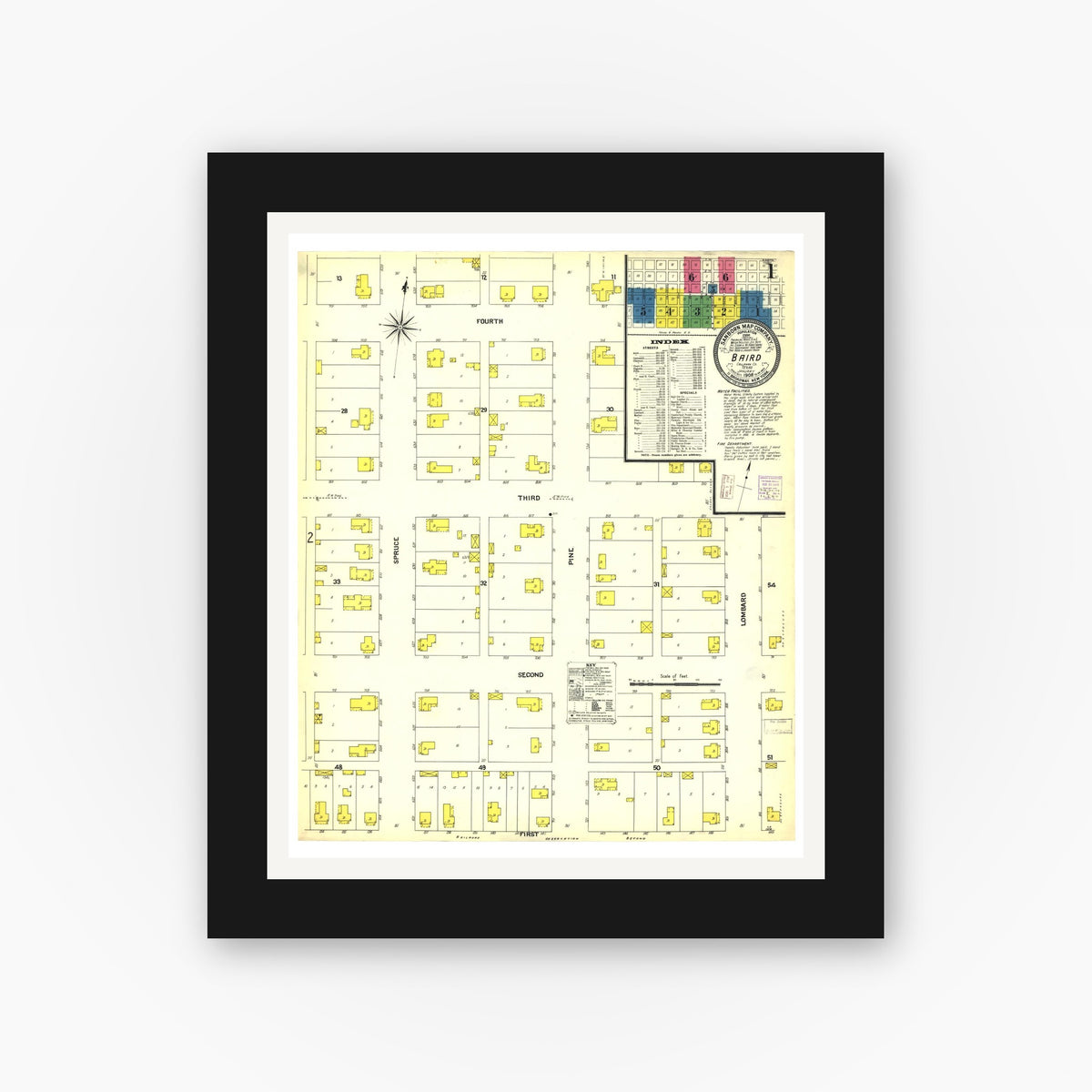 Old map wall art mockup — black gallery frame with white mat — Sanborn Fire Insurance Map from Baird, Callahan County, Texas (1908), Sheet #0001