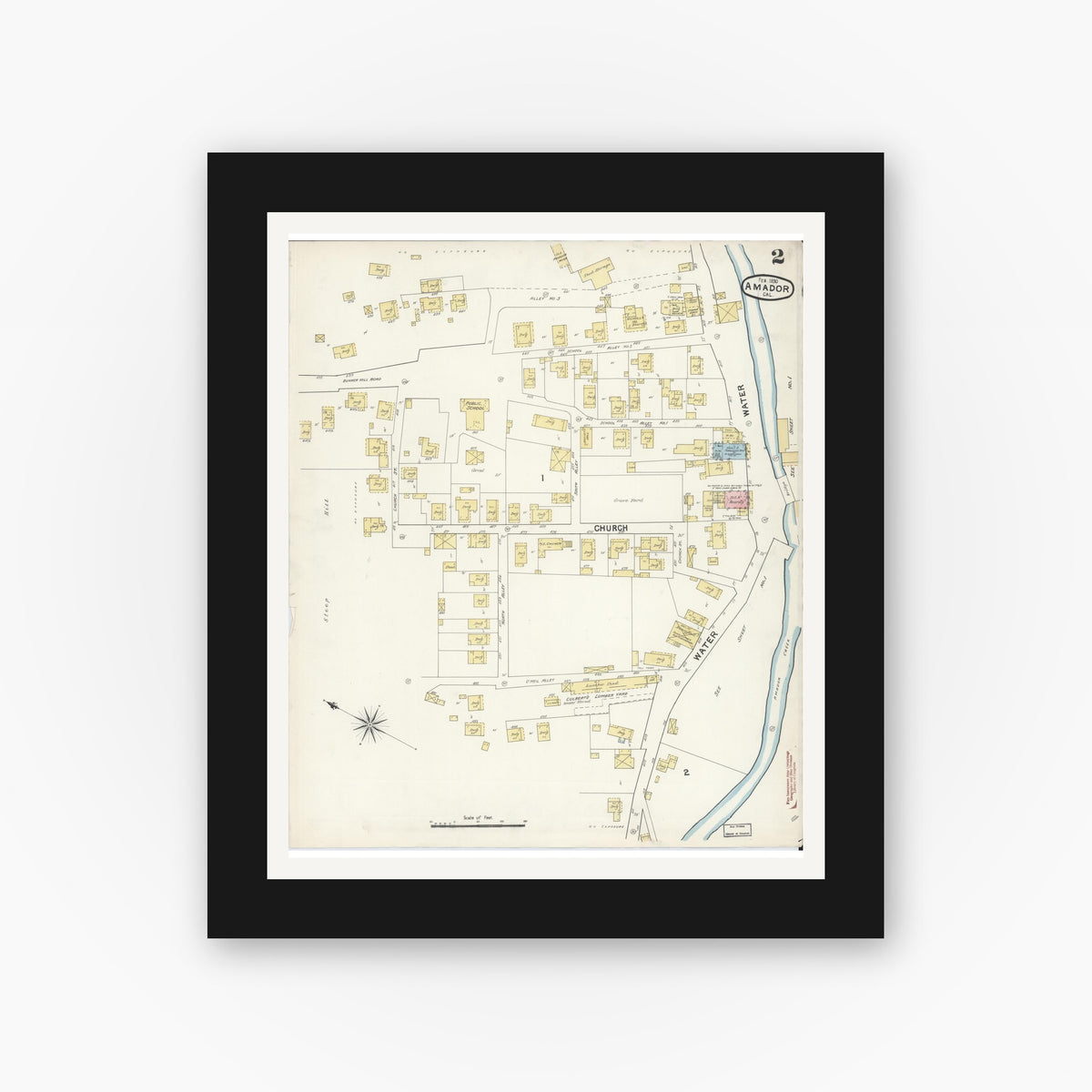 Old map wall art mockup — black gallery frame with white mat — Sanborn Fire Insurance Map from Amador, Amador County, California (1890), Sheet #0002
