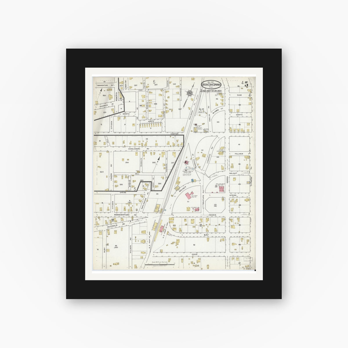 Old map wall art mockup — black gallery frame with white mat — Sanborn Fire Insurance Map from Green Cove Springs, Clay County, Florida (1917), Sheet #0005