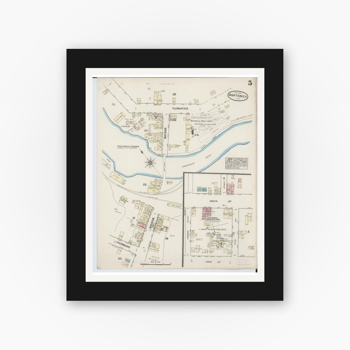 Old map wall art mockup — black gallery frame with white mat — Sanborn Fire Insurance Map from Ashtabula, Ashtabula County, Ohio (1884), Sheet #0005