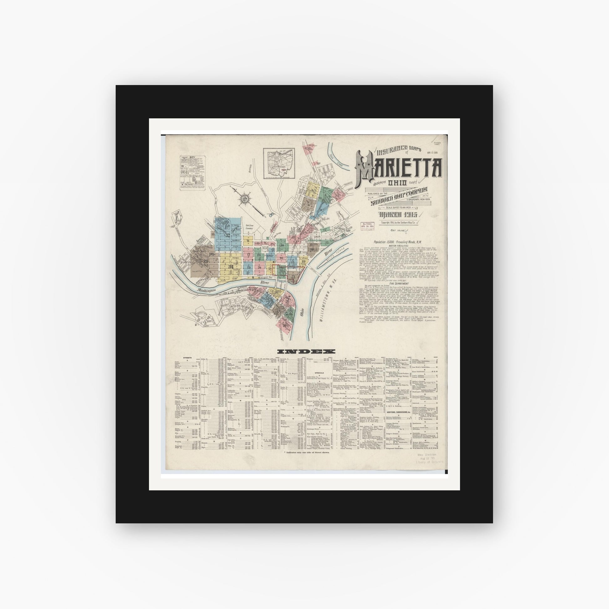 Old map wall art mockup — black gallery frame with white mat — Sanborn Fire Insurance Map from Marietta, Washington County, Ohio (1915) - Complete Map Set