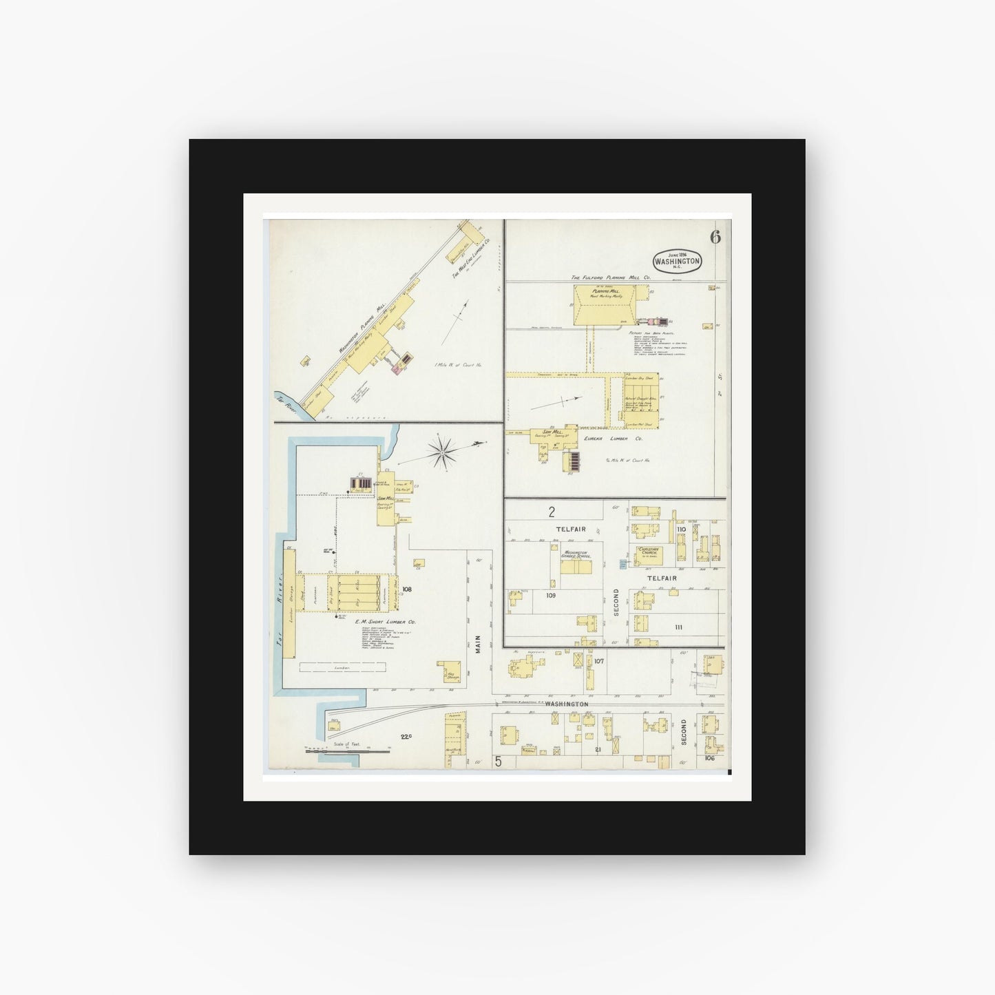 Old map wall art mockup — black gallery frame with white mat — Sanborn Fire Insurance Map from Washington, Beaufort County, North Carolina (1896), Sheet #0006