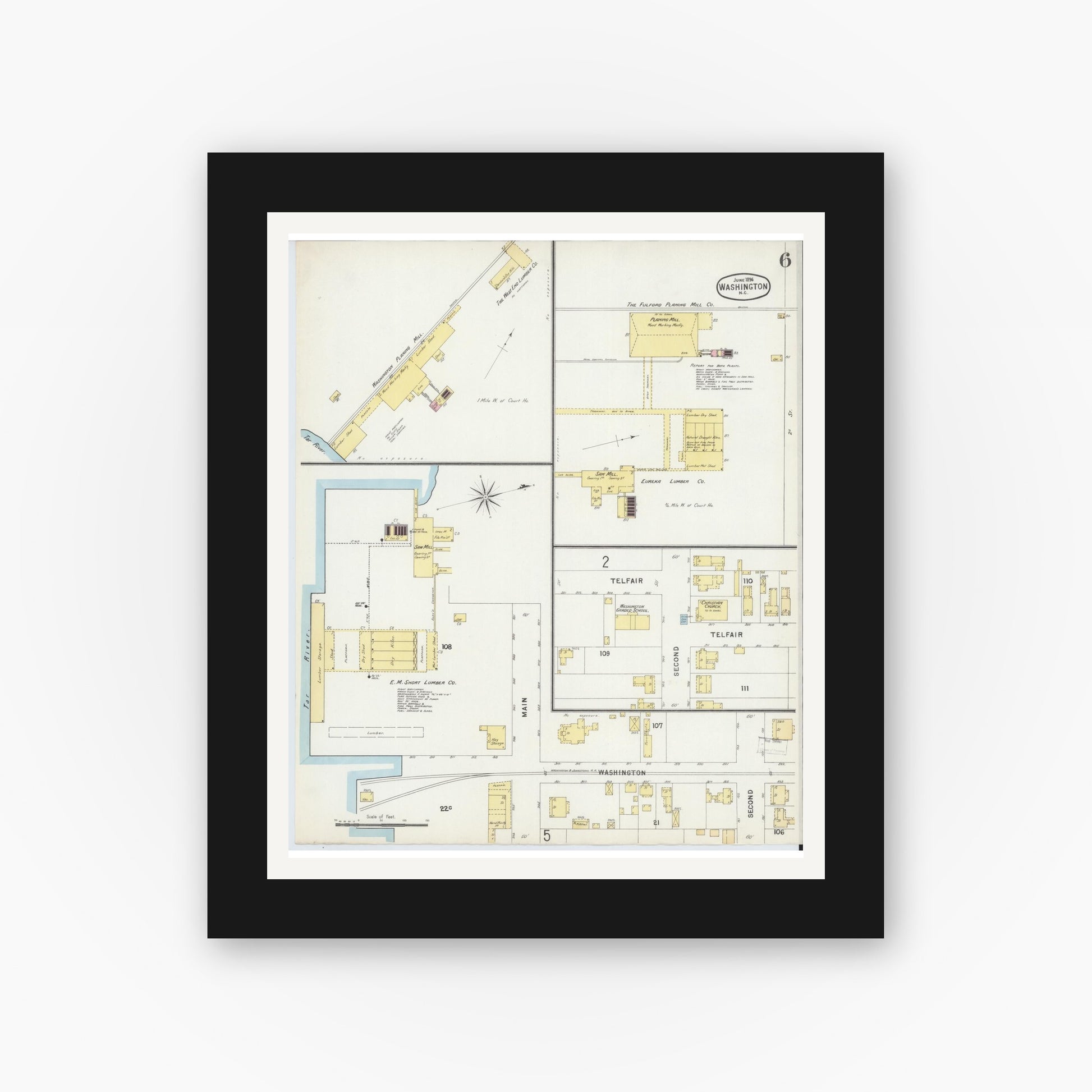 Old map wall art mockup — black gallery frame with white mat — Sanborn Fire Insurance Map from Washington, Beaufort County, North Carolina (1896), Sheet #0006