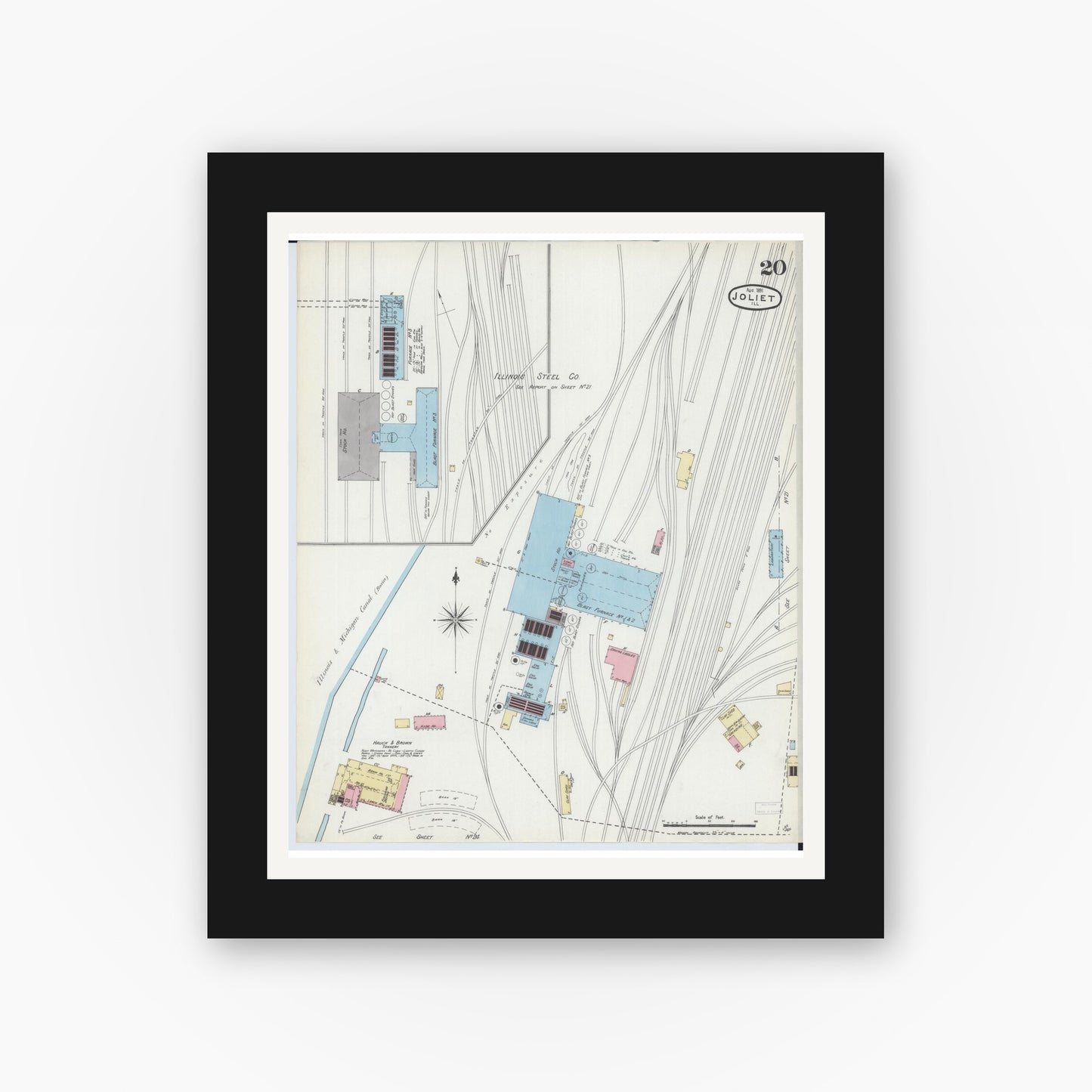 Old map wall art mockup — black gallery frame with white mat — Sanborn Fire Insurance Map from Joliet, Will County, Illinois (1891), Sheet #0020