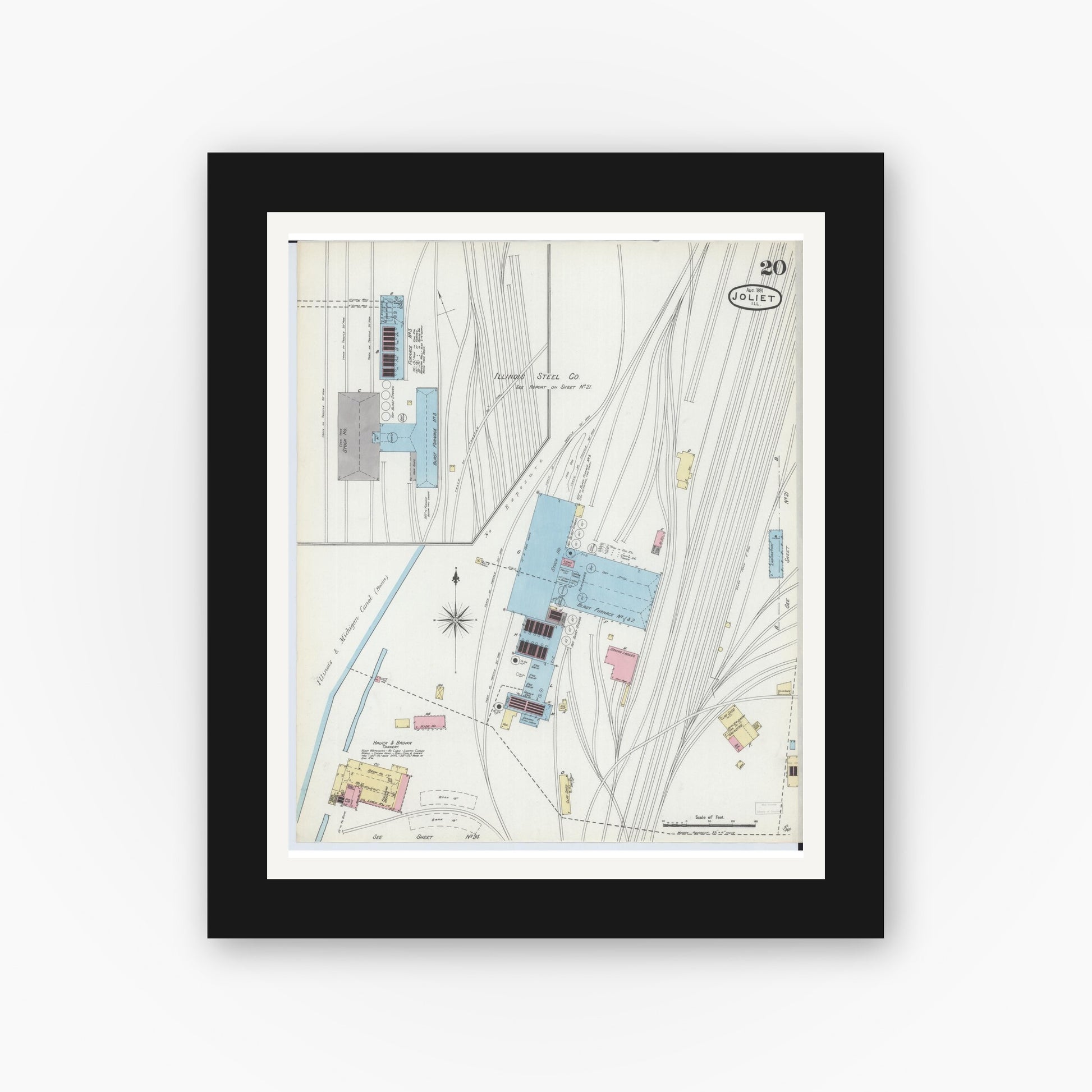 Old map wall art mockup — black gallery frame with white mat — Sanborn Fire Insurance Map from Joliet, Will County, Illinois (1891), Sheet #0020