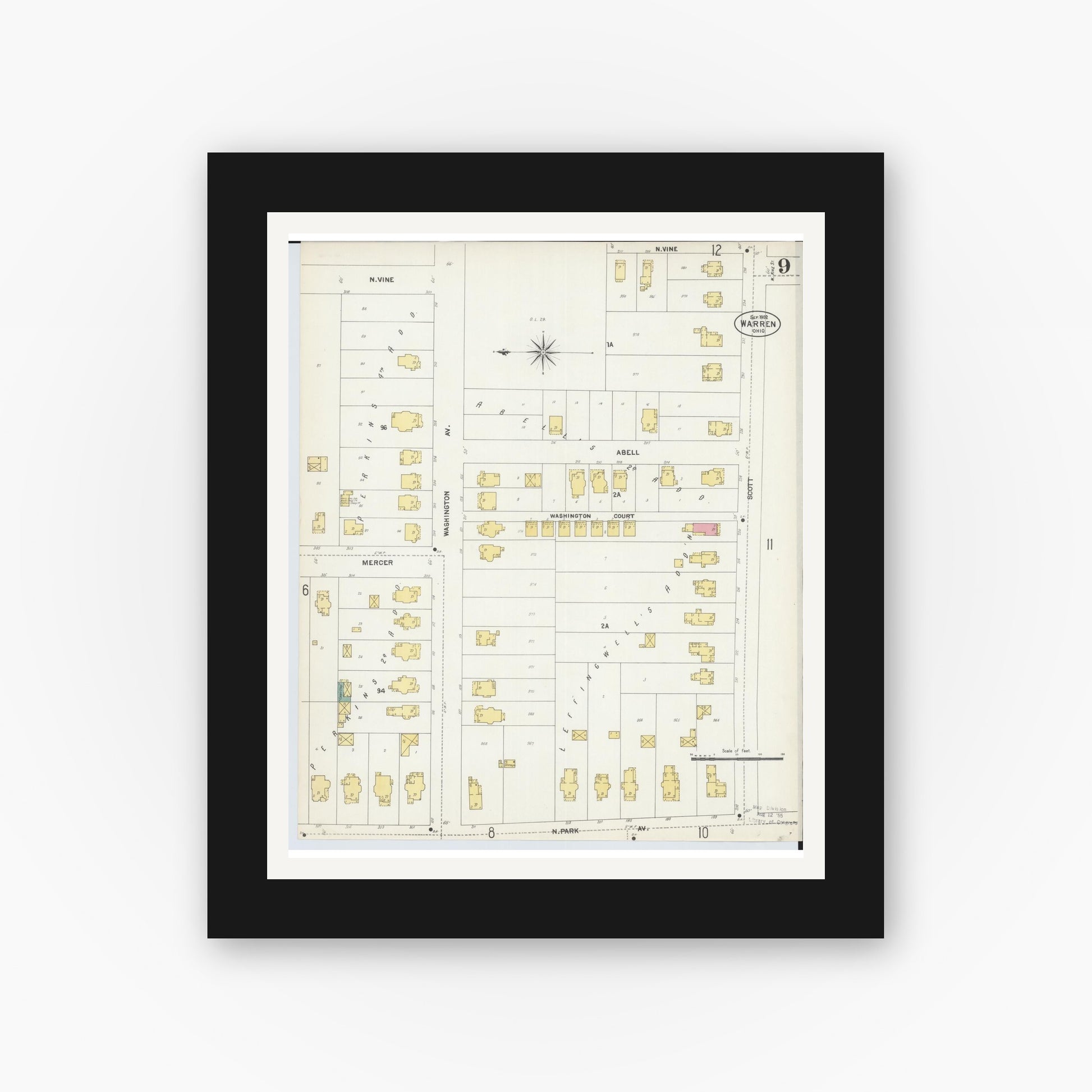 Old map wall art mockup — black gallery frame with white mat — Sanborn Fire Insurance Map from Warren, Trumbull County, Ohio (1902), Sheet #0009