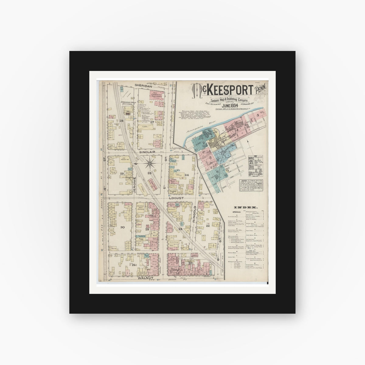 Old map wall art mockup — black gallery frame with white mat — Sanborn Fire Insurance Map from McKeesport, Allegheny County, Pennsylvania (1884), Sheet #0001