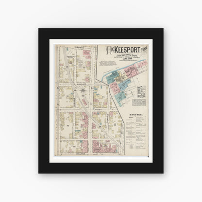 Old map wall art mockup — black gallery frame with white mat — Sanborn Fire Insurance Map from McKeesport, Allegheny County, Pennsylvania (1884), Sheet #0001