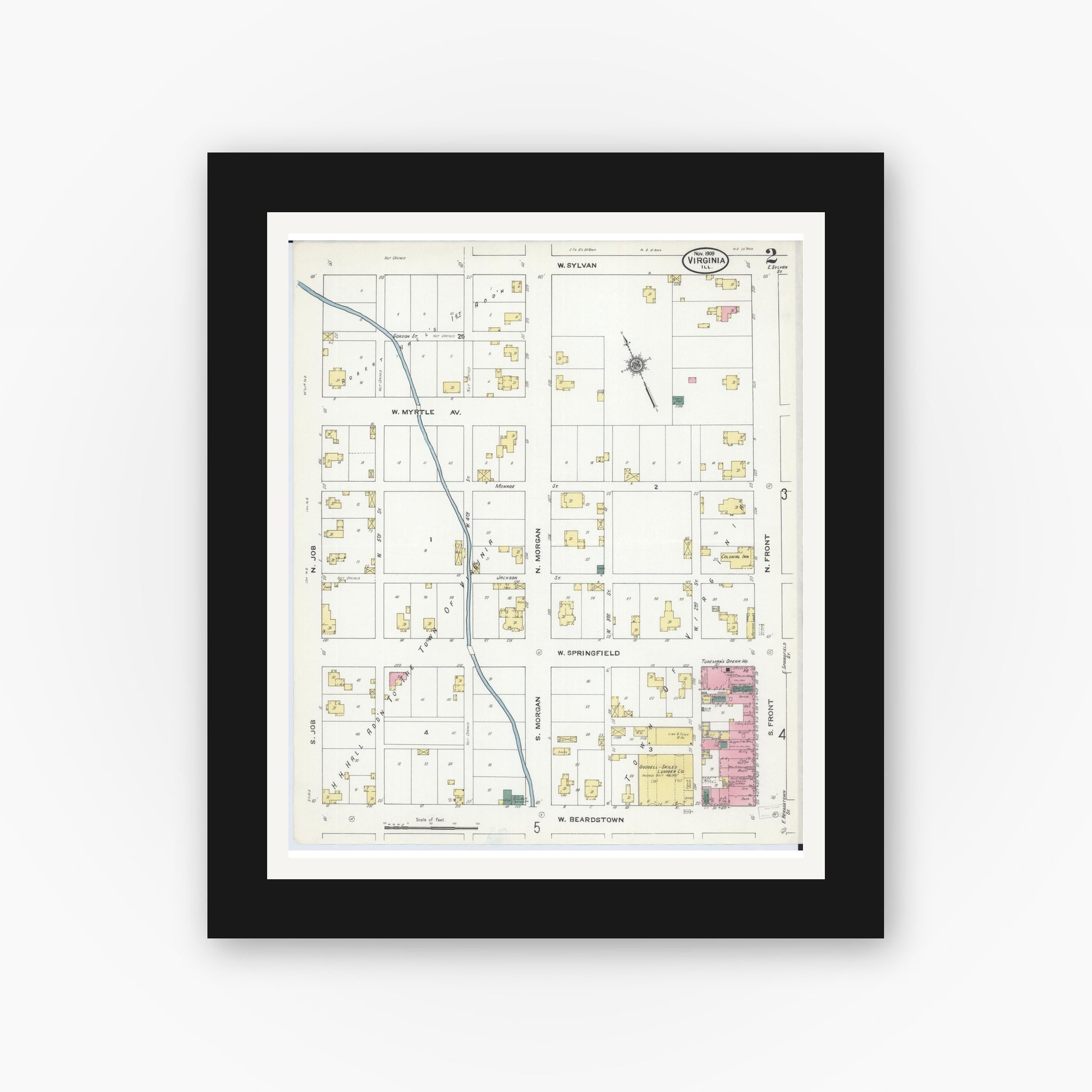 Old map wall art mockup — black gallery frame with white mat — Sanborn Fire Insurance Map from Virginia, Cass County, Illinois (1909), Sheet #0002