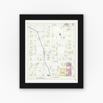 Old map wall art mockup — black gallery frame with white mat — Sanborn Fire Insurance Map from Virginia, Cass County, Illinois (1909), Sheet #0002