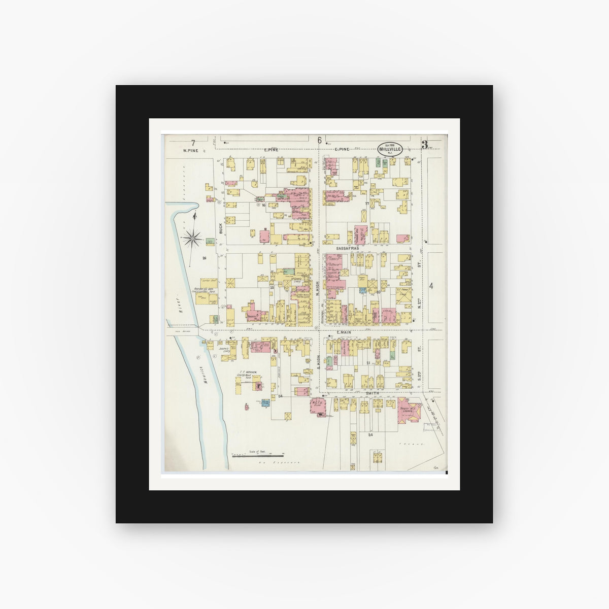Old map wall art mockup — black gallery frame with white mat — Sanborn Fire Insurance Map from Millville, Cumberland County, New Jersey (1898), Sheet #0003