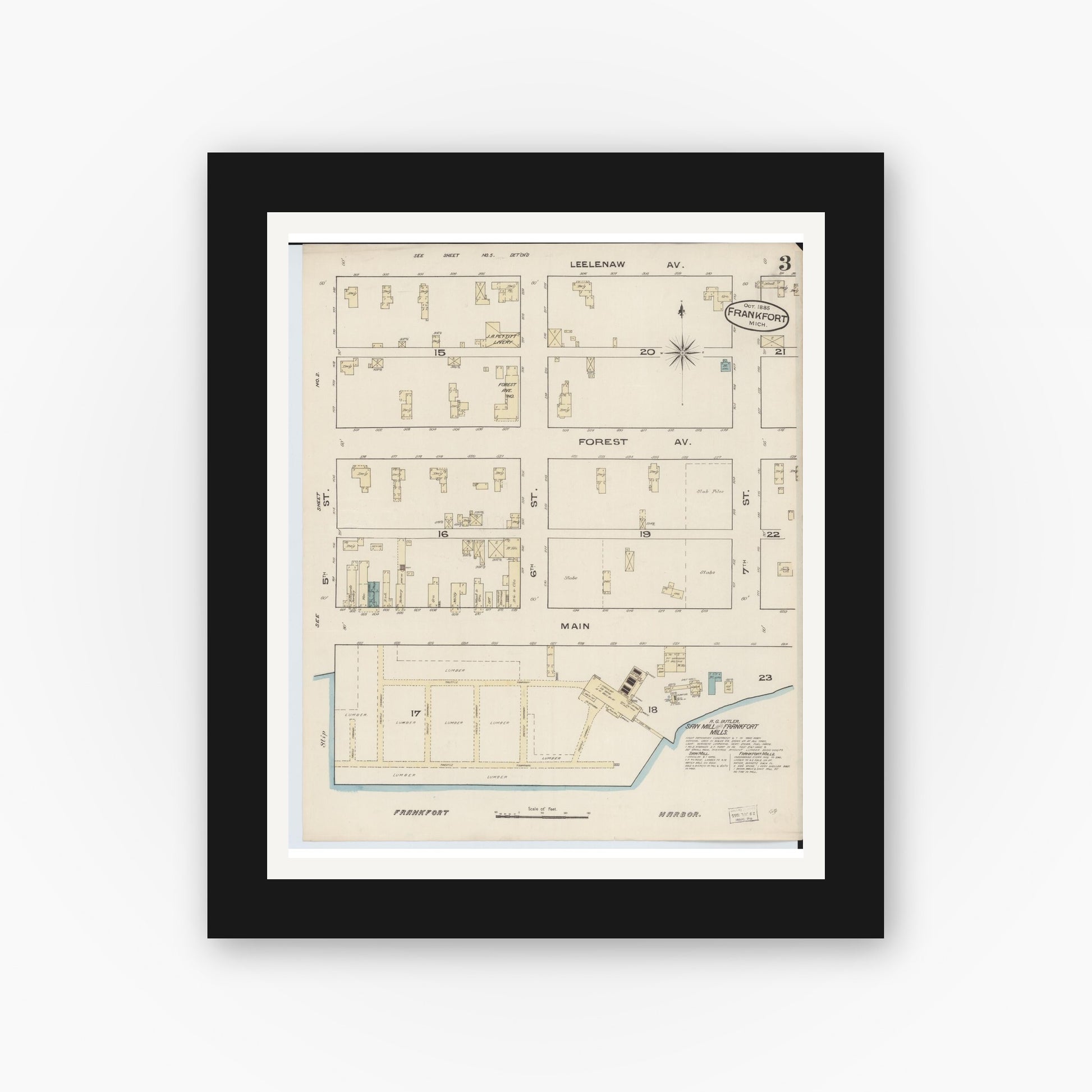 Old map wall art mockup — black gallery frame with white mat — Sanborn Fire Insurance Map from Frankfort, Benzie County, Michigan (1885), Sheet #0003