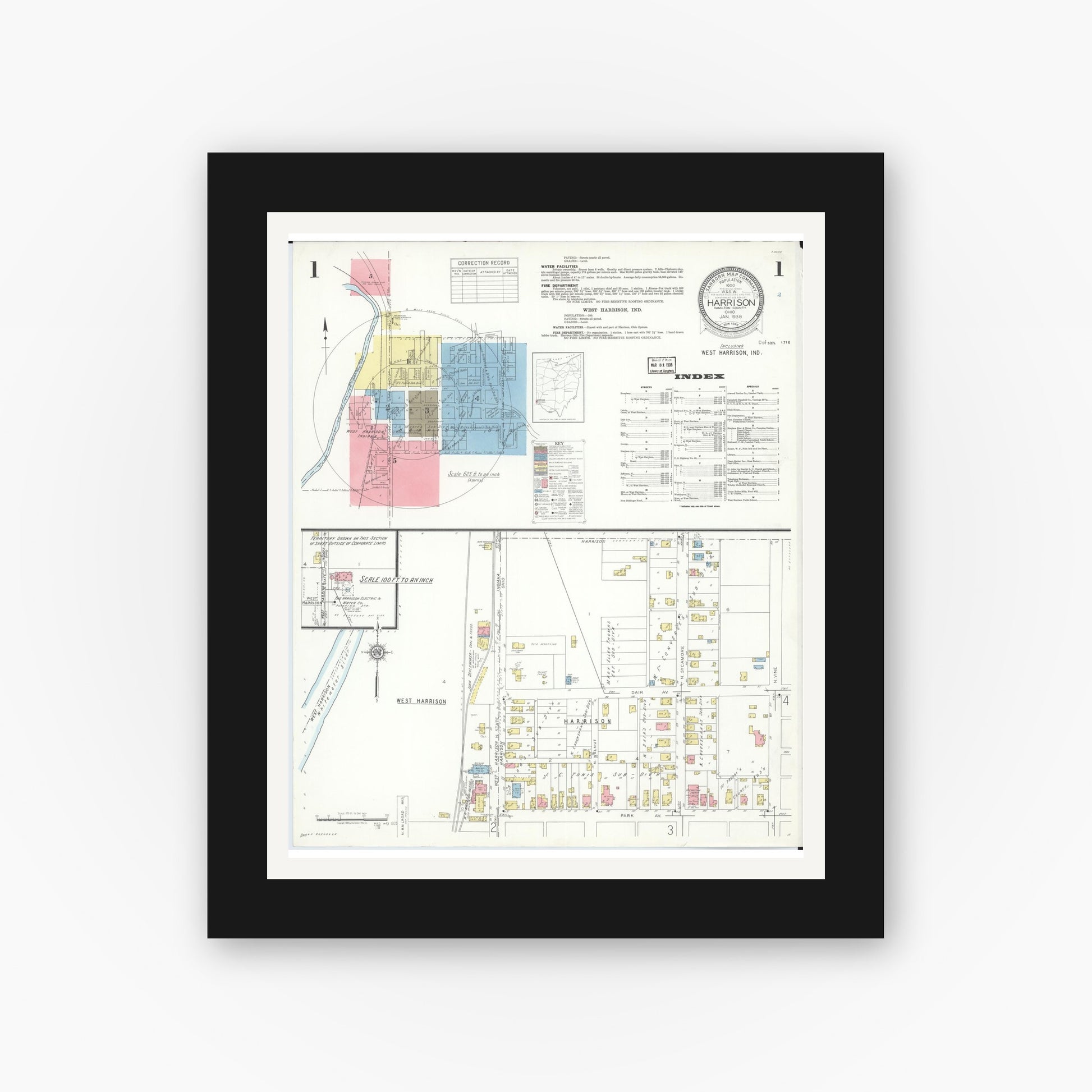 Old map wall art mockup — black gallery frame with white mat — Sanborn Fire Insurance Map from Harrison, Hamilton County, Ohio (1938) - Complete Map Set