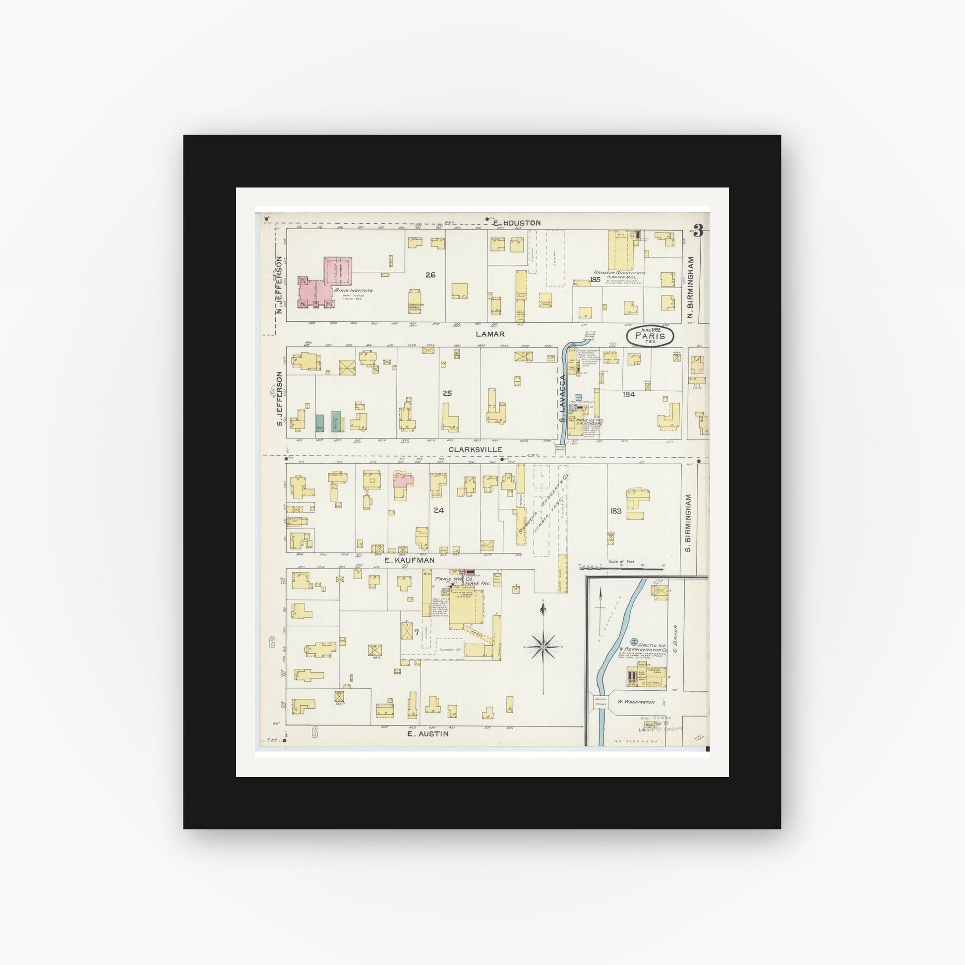 Old map wall art mockup — black gallery frame with white mat — Sanborn Fire Insurance Map from Paris, Lamar County, Texas (1892), Sheet #0003