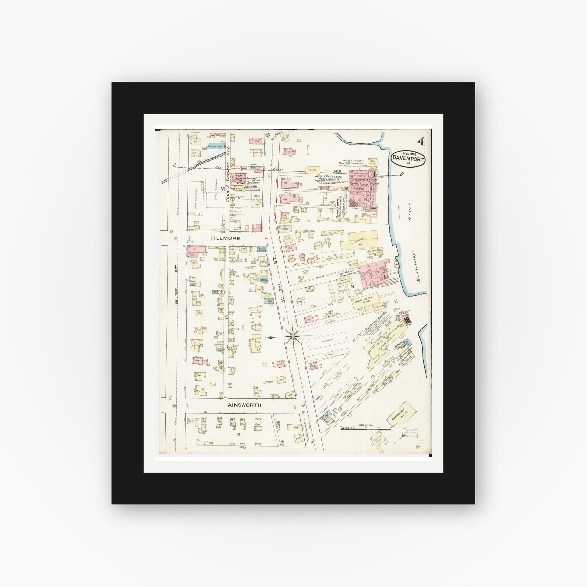 Old map wall art mockup — black gallery frame with white mat — Sanborn Fire Insurance Map from Davenport, Scott County, Iowa (1886), Sheet #0004