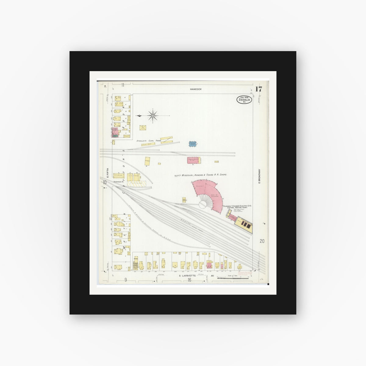 Old map wall art mockup — black gallery frame with white mat — Sanborn Fire Insurance Map from Sedalia, Pettis County, Missouri (1908), Sheet #0017