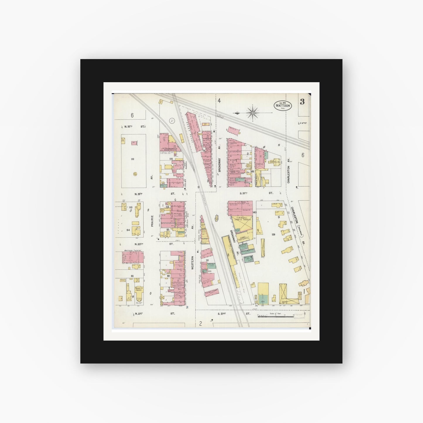 Old map wall art mockup — black gallery frame with white mat — Sanborn Fire Insurance Map from Mattoon, Coles County, Illinois (1902), Sheet #0003